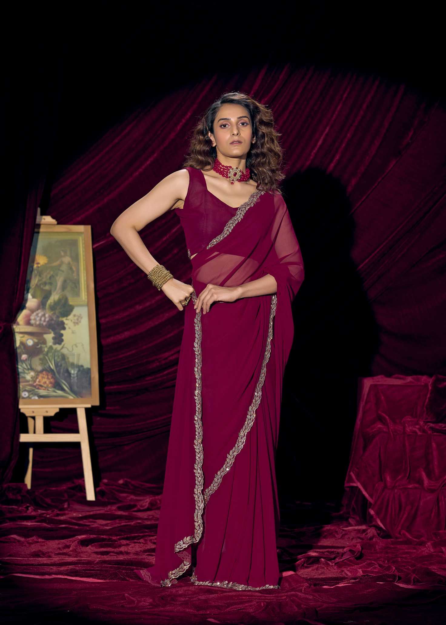 Wine Contemporary Zari Border Georgette Saree