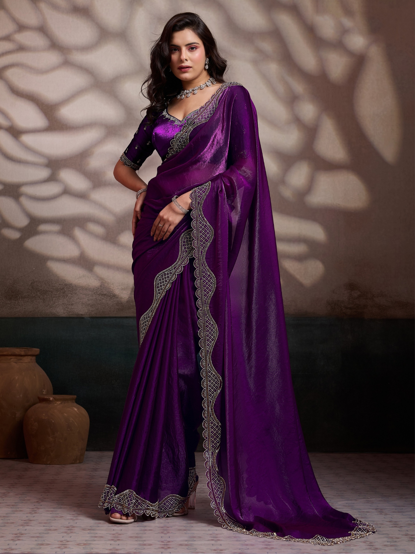 Wine Cutdana Zarkan Velvet Satin Saree