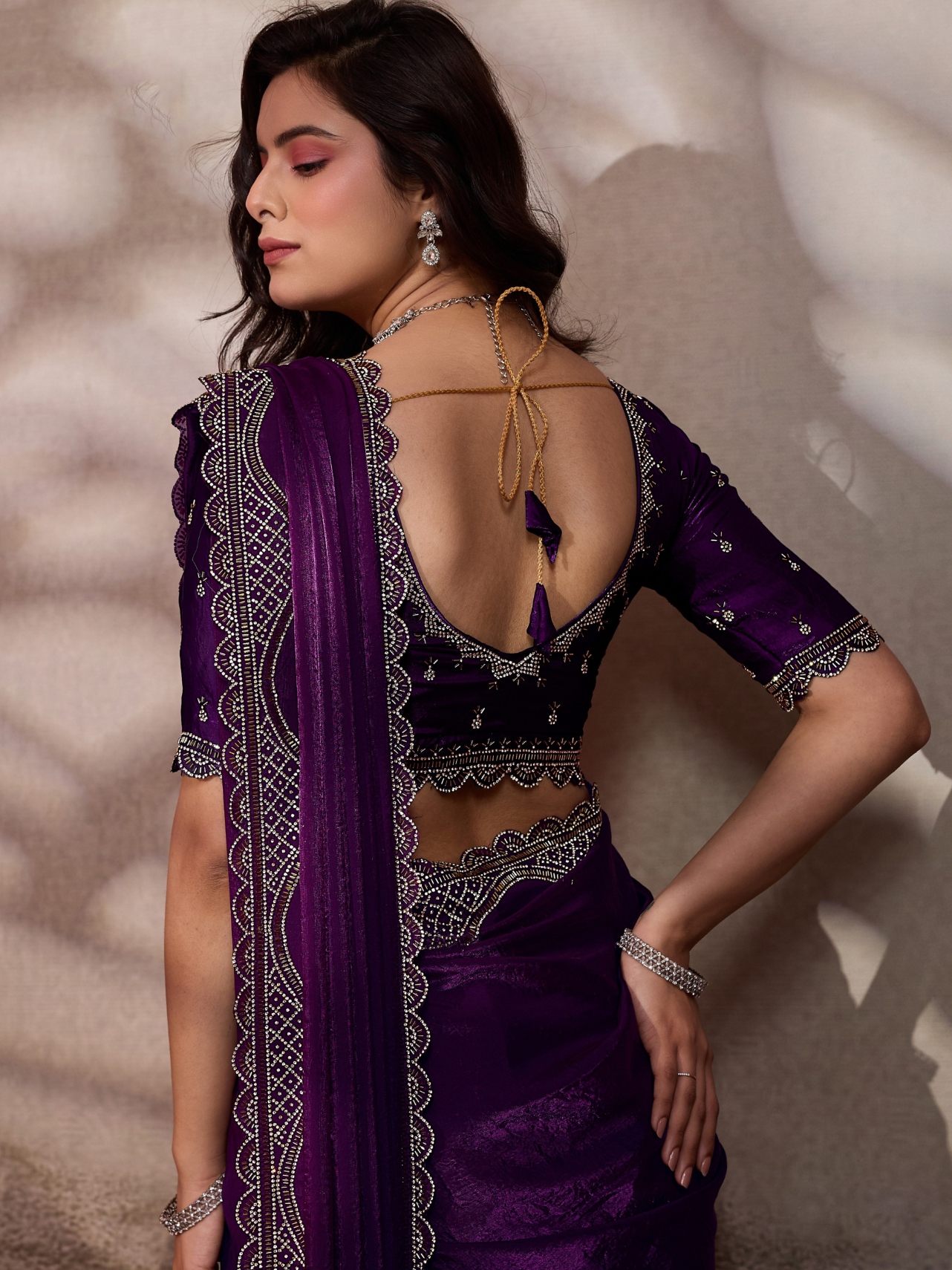 Wine Cutdana Zarkan Velvet Satin Saree — alternate view