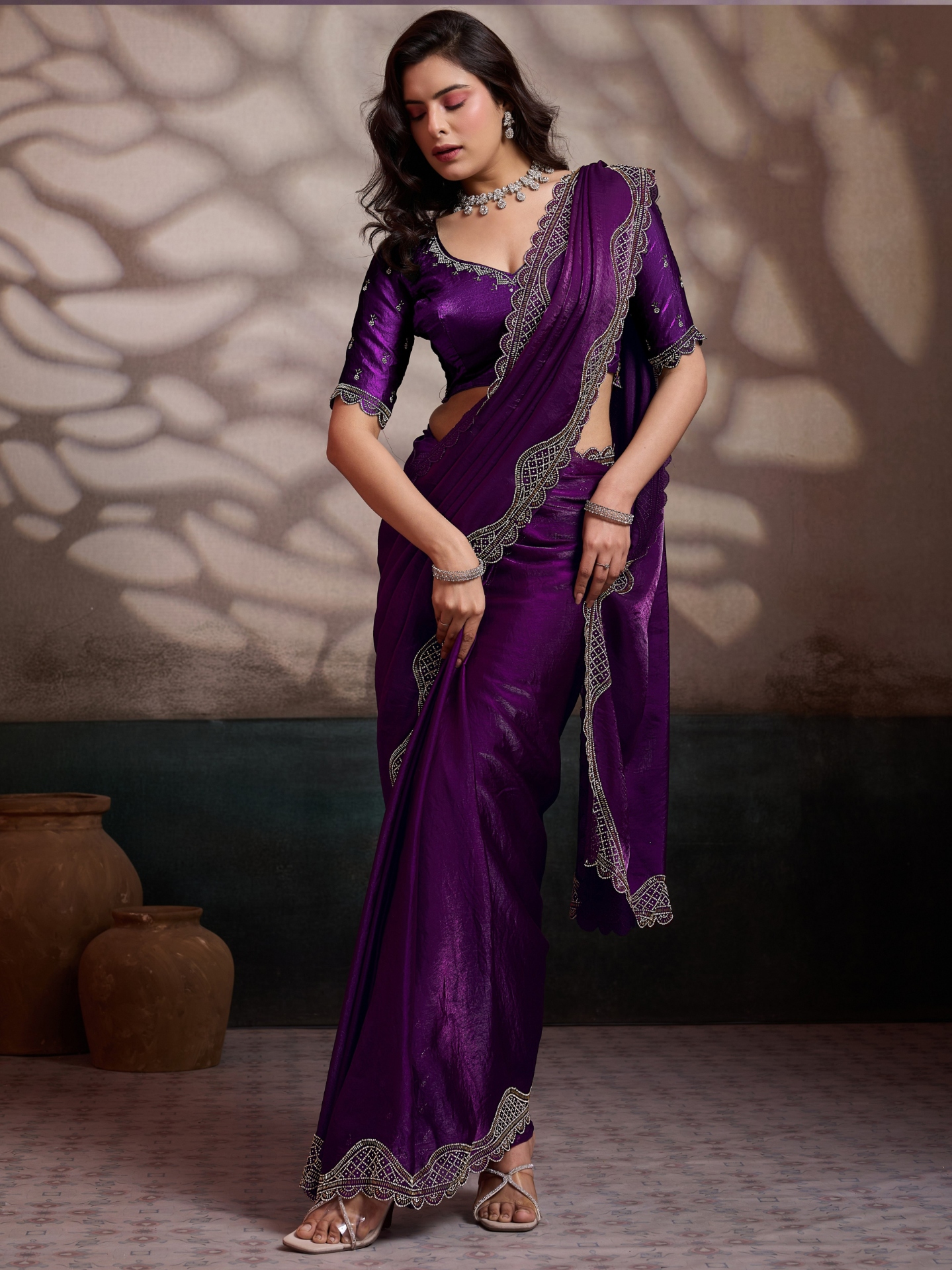 Wine Cutdana Zarkan Velvet Satin Saree