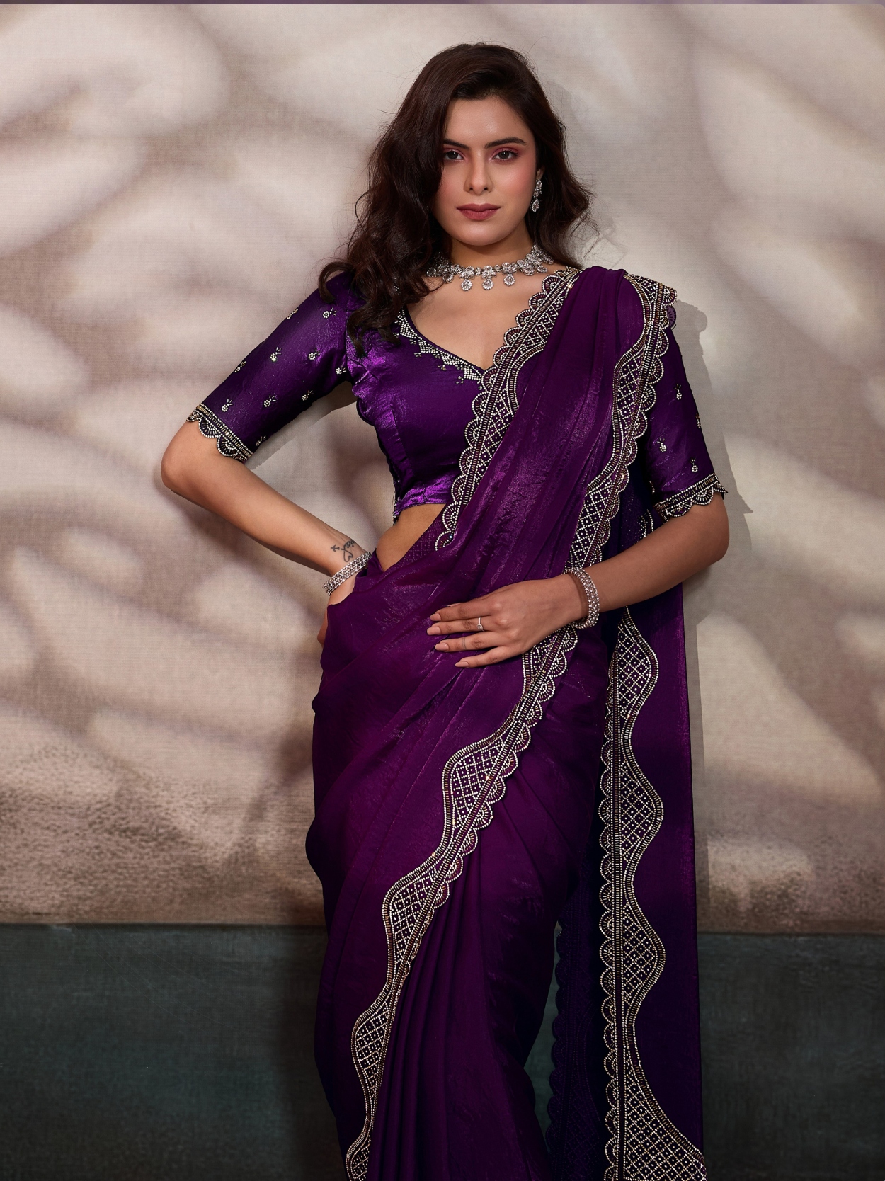 Wine Cutdana Zarkan Velvet Satin Saree