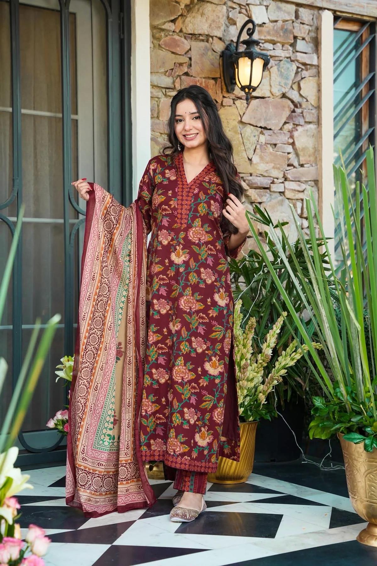Wine Designer Digital Printed Muslin Palazzo Suit