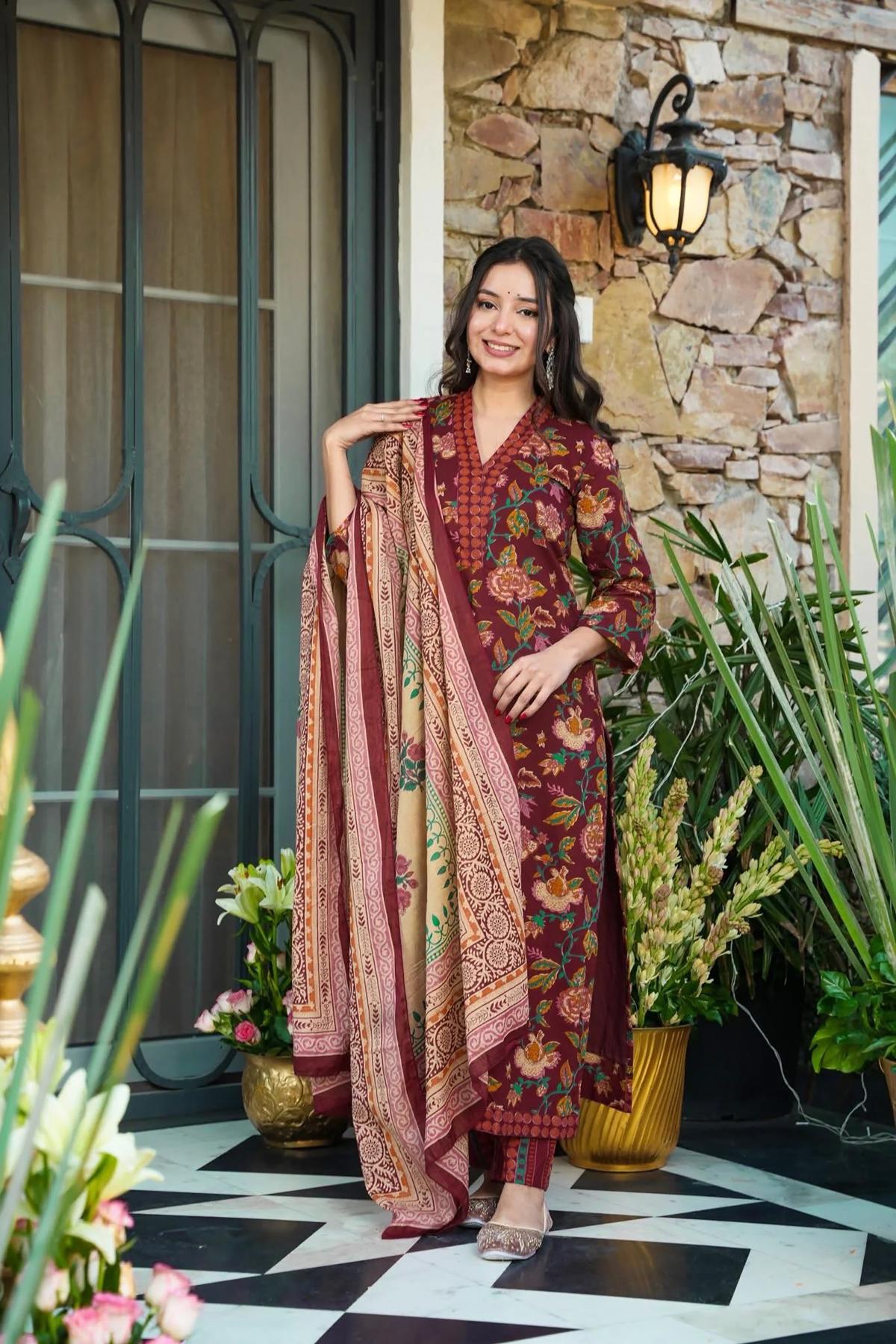 Wine Designer Digital Printed Muslin Palazzo Suit