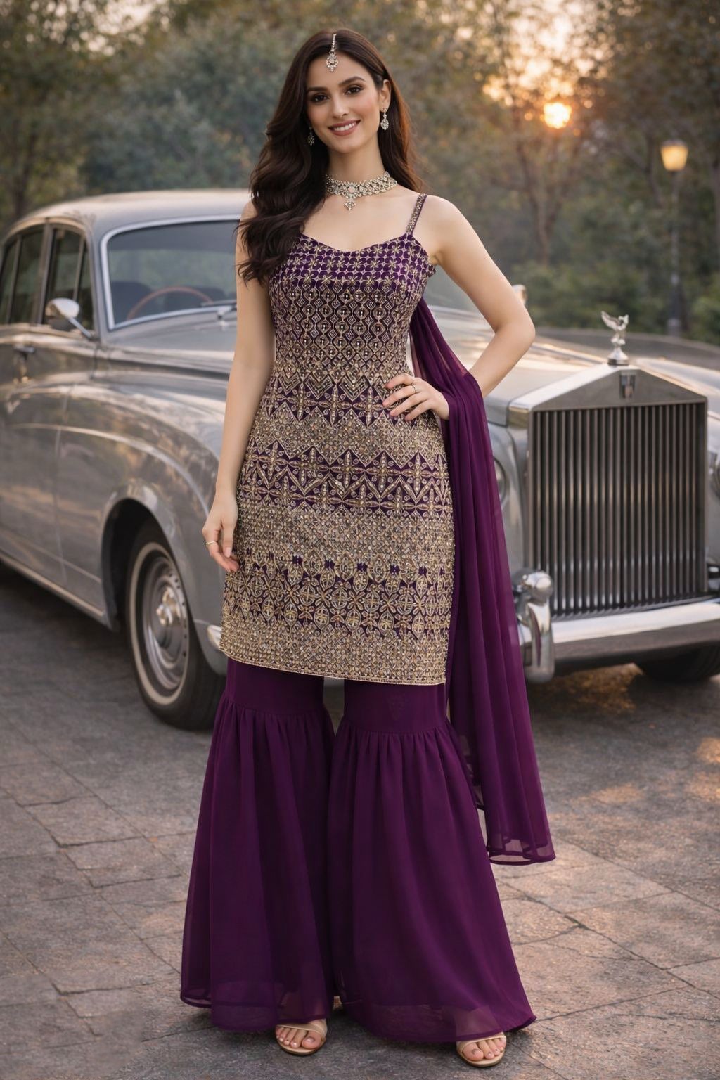 Wine Designer Embroidered Georgette Sharara