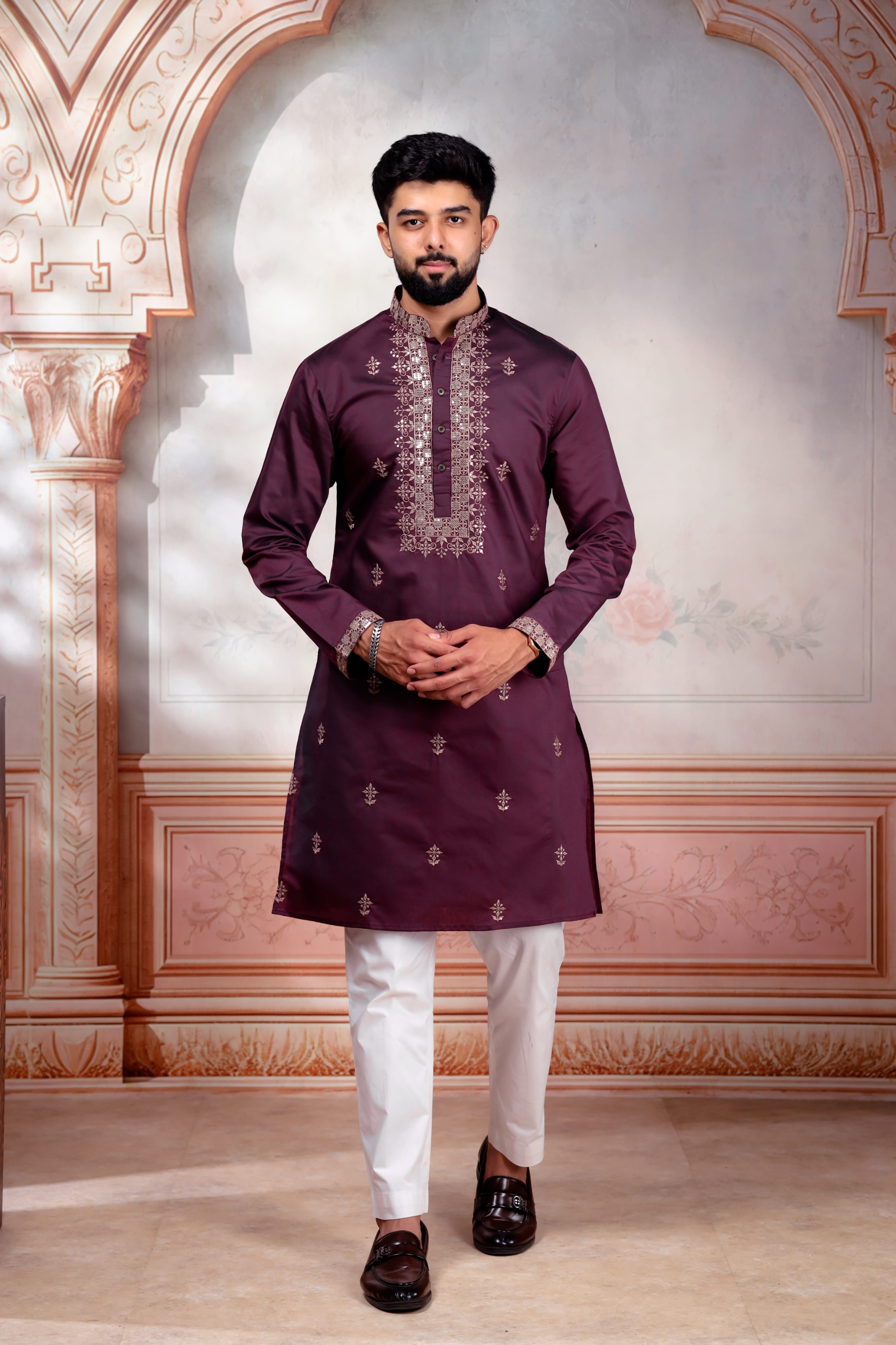 Wine Designer Embroidery Cotton Kurta Pyjama