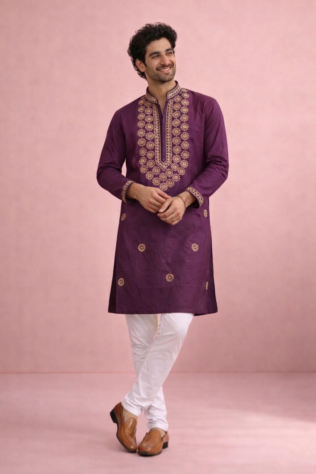 Wine Designer Printed Floral Motif Kurta Pyjama