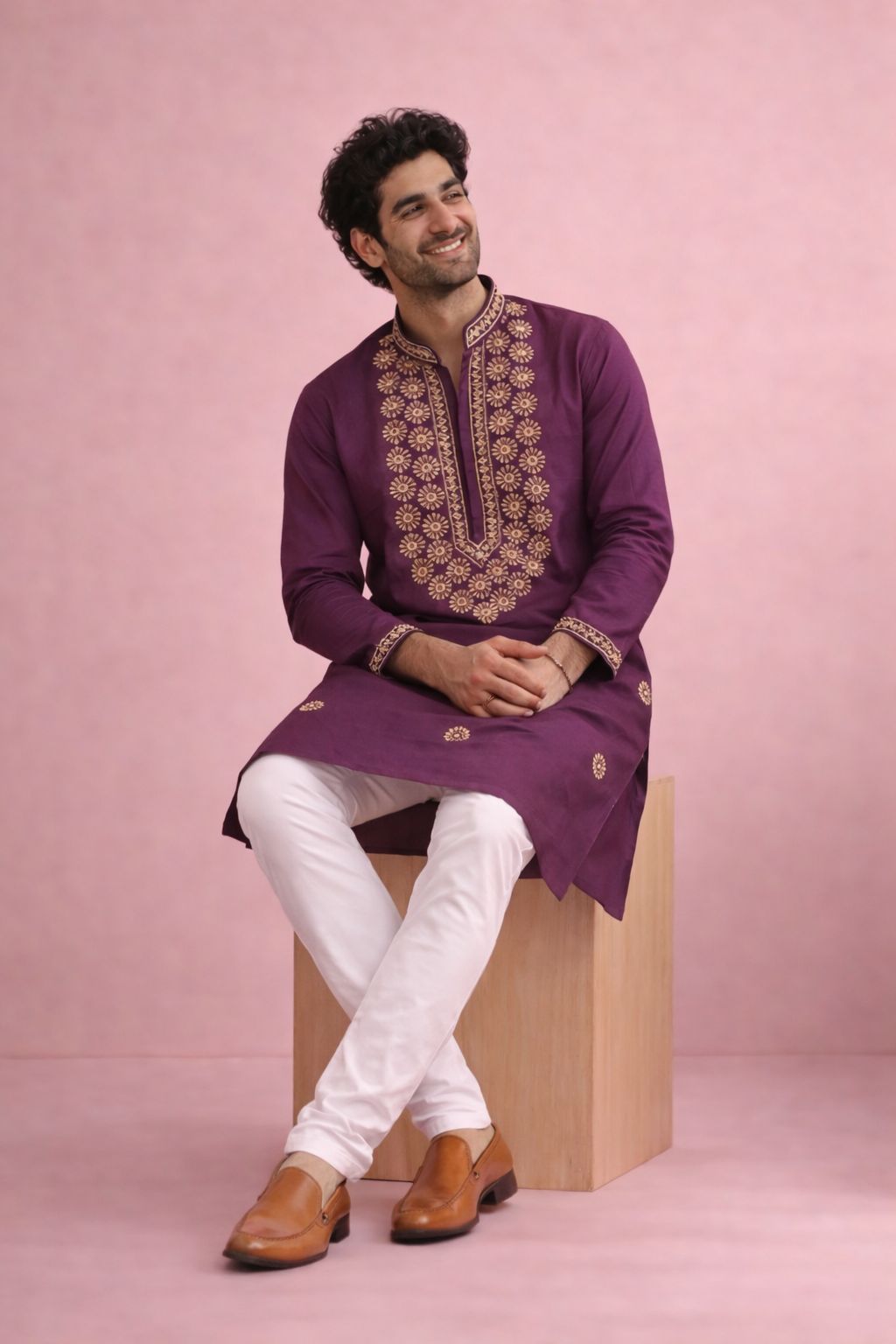 Wine Designer Printed Floral Motif Kurta Pyjama