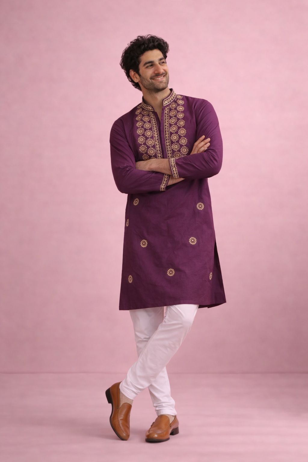 Wine Designer Printed Floral Motif Kurta Pyjama