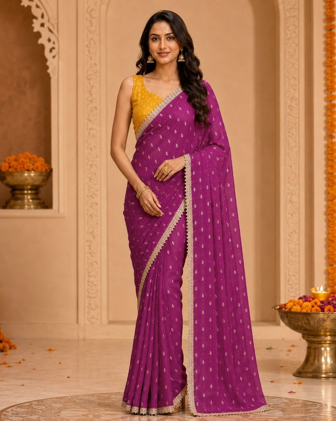Wine Designer Printed Georgette Ready To Wear Saree
