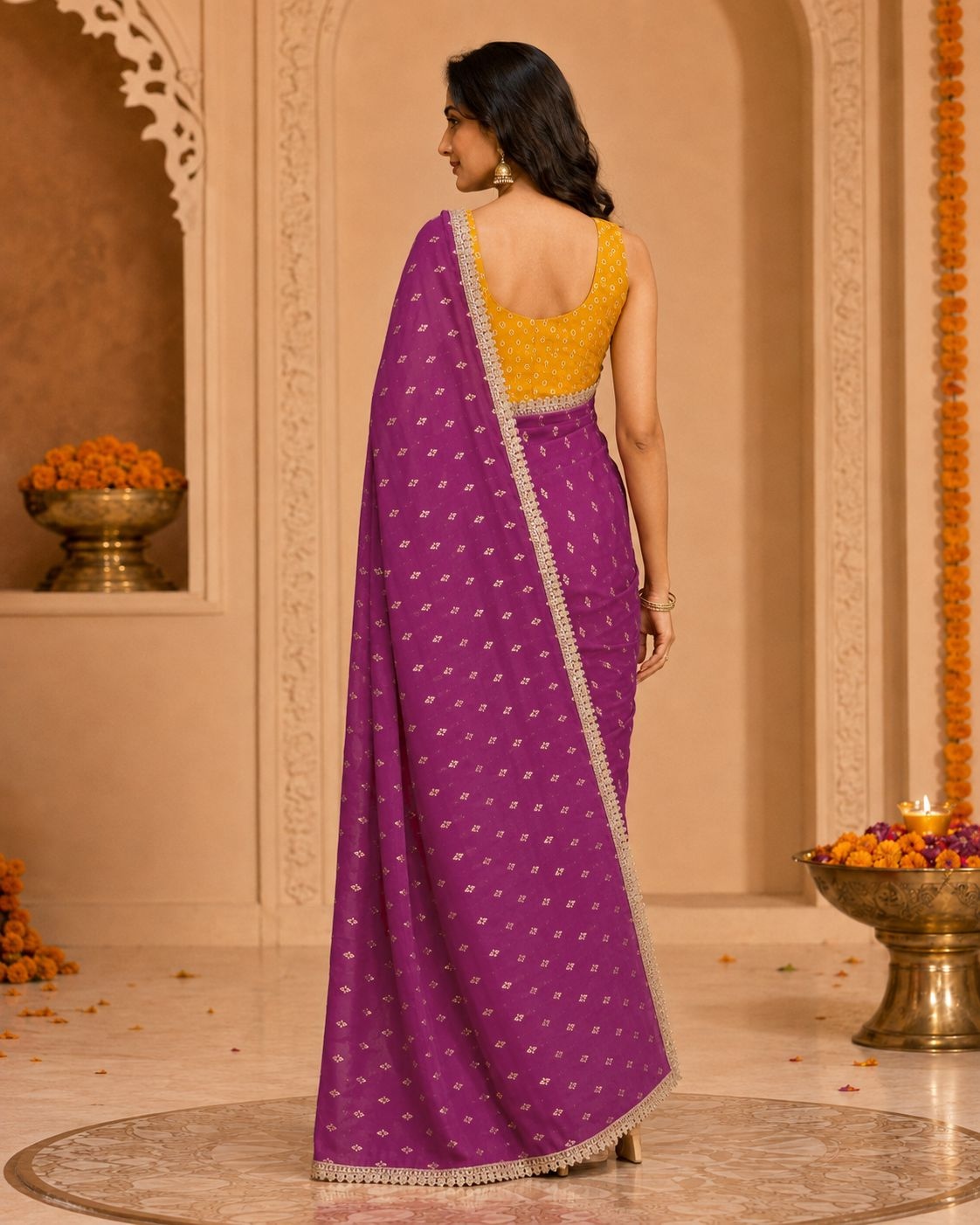 Wine Designer Printed Georgette Ready To Wear Saree — alternate view