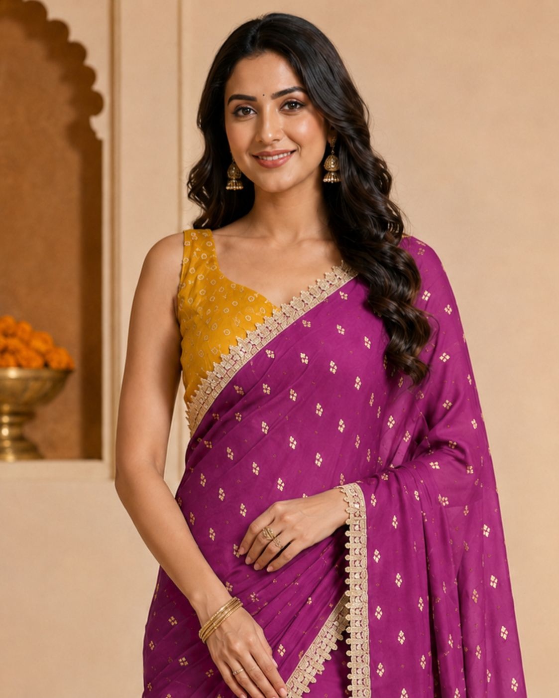 Wine Designer Printed Georgette Ready To Wear Saree
