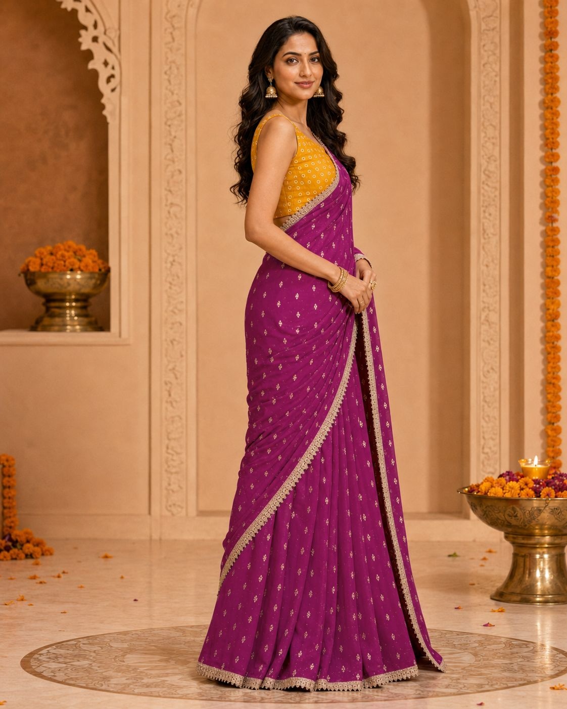 Wine Designer Printed Georgette Ready To Wear Saree