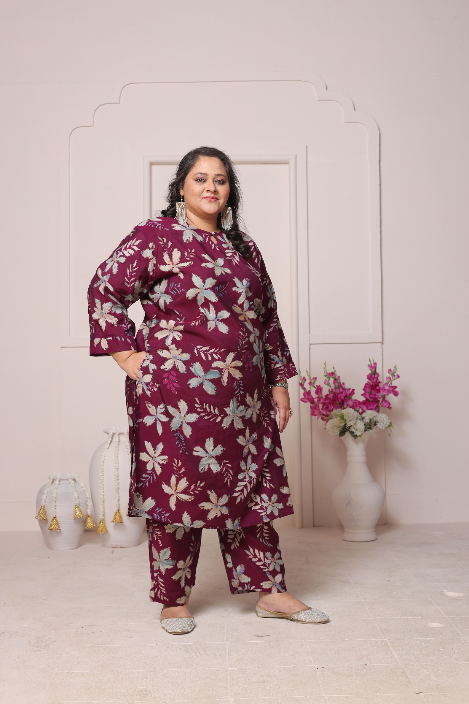 Wine Designer Printed Viscose Chanderi Kurti