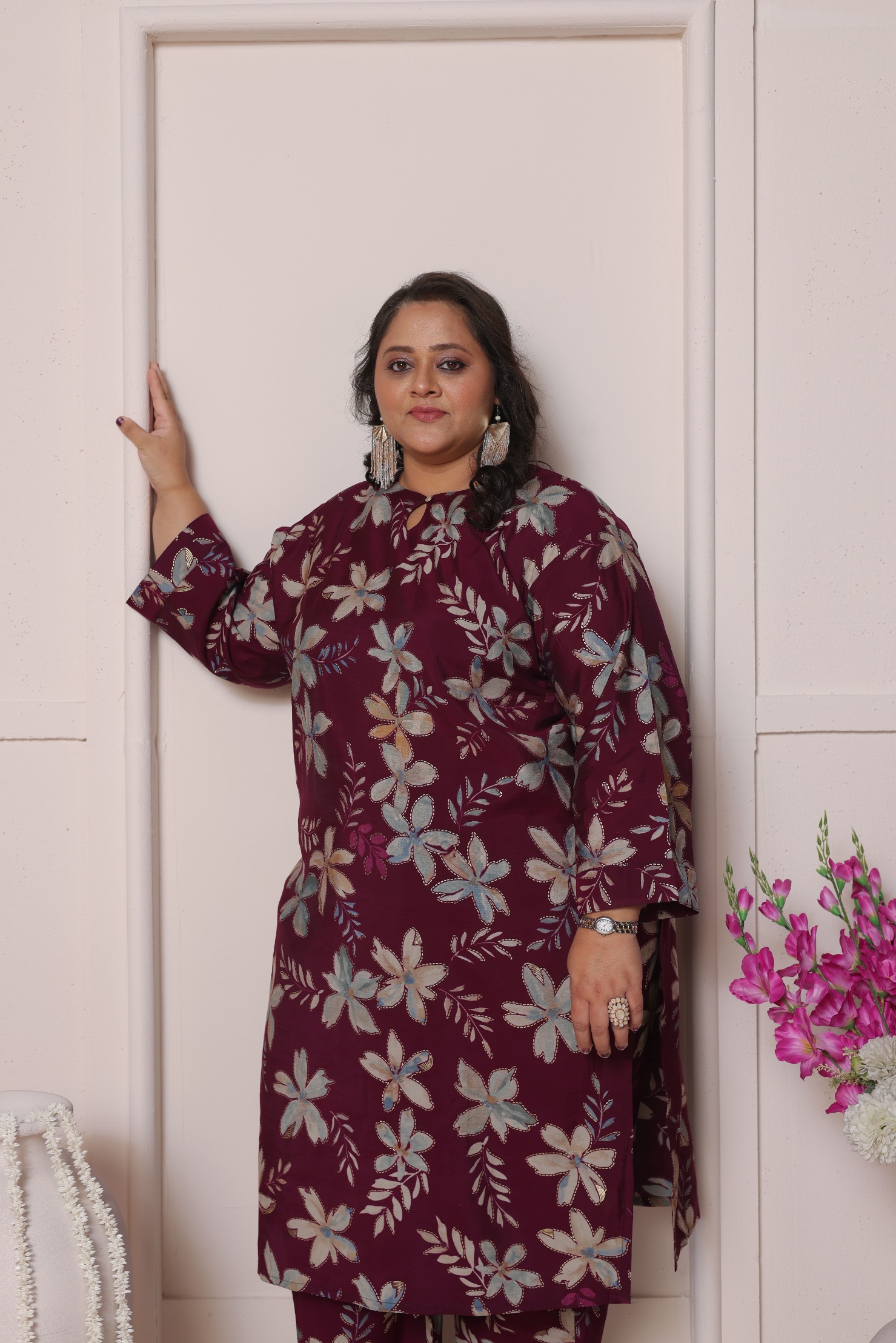 Wine Designer Printed Viscose Chanderi Kurti