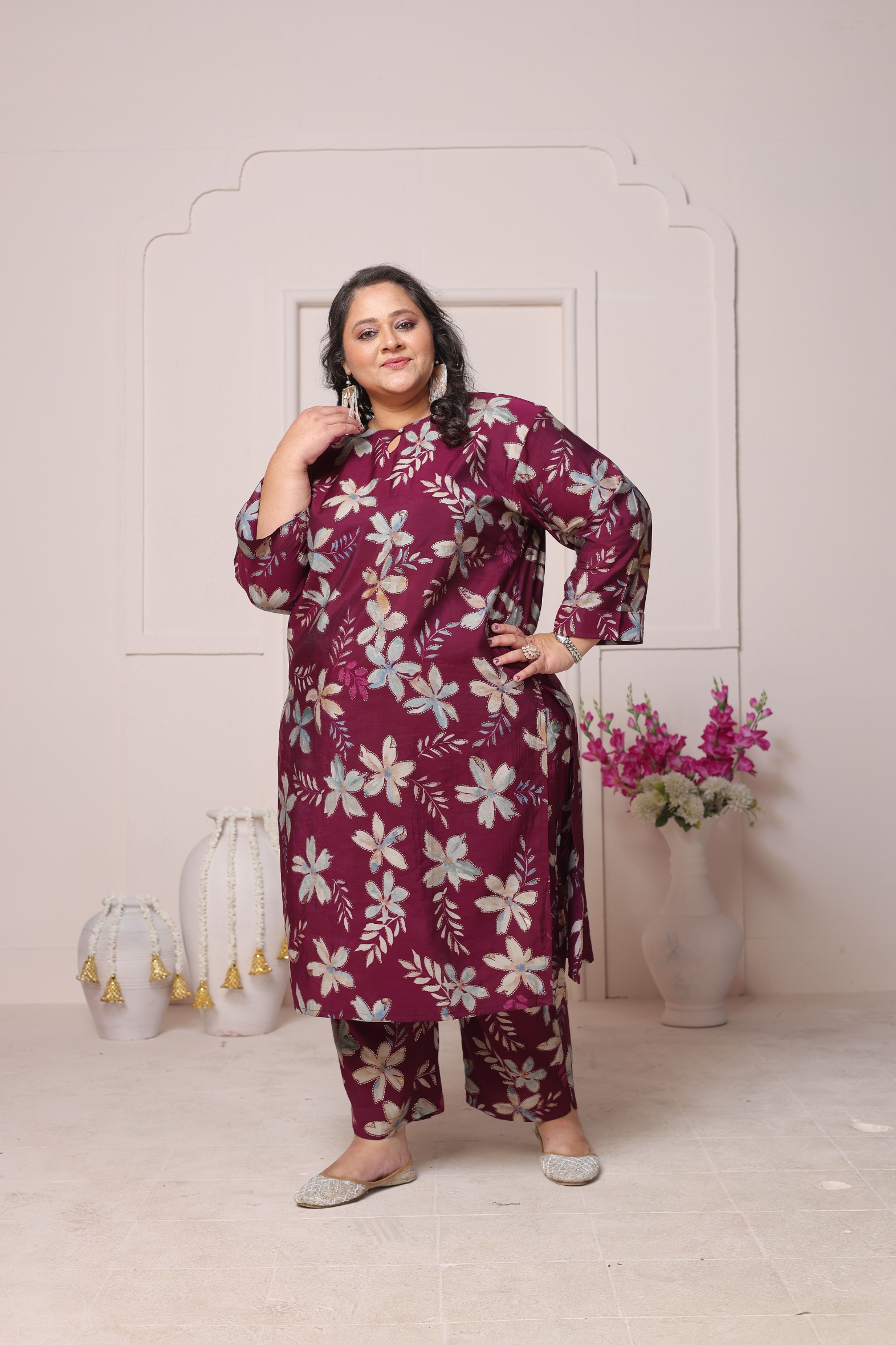 Wine Designer Printed Viscose Chanderi Kurti
