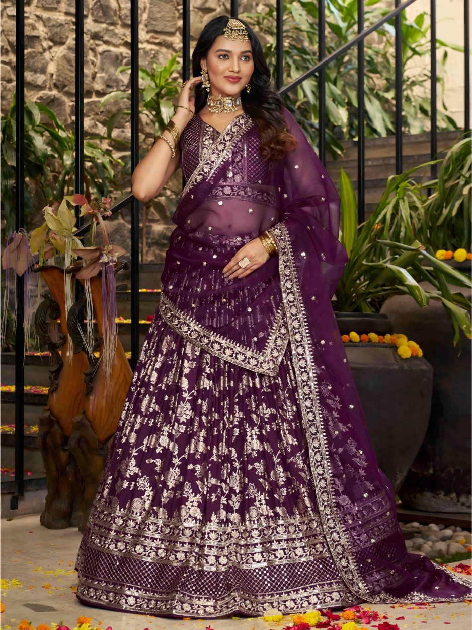 Wine Dola Silk Jacquard Bridal Lehenga