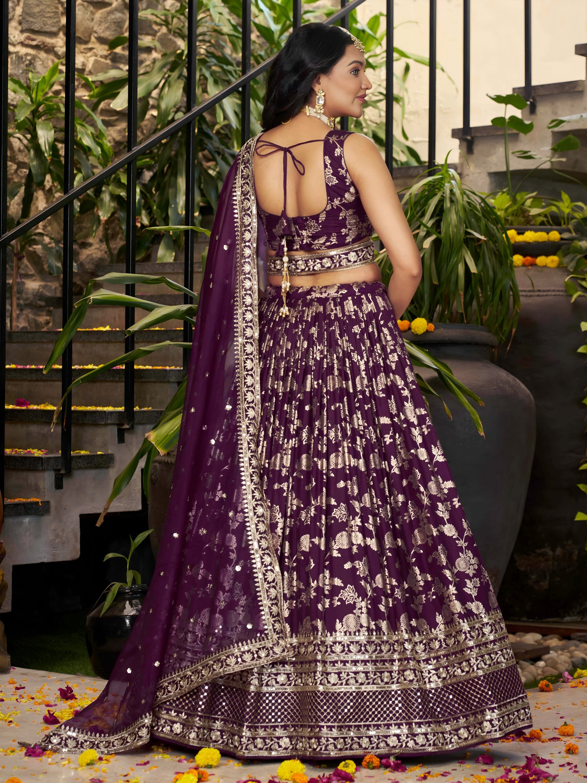 Wine Dola Silk Jacquard Bridal Lehenga — alternate view