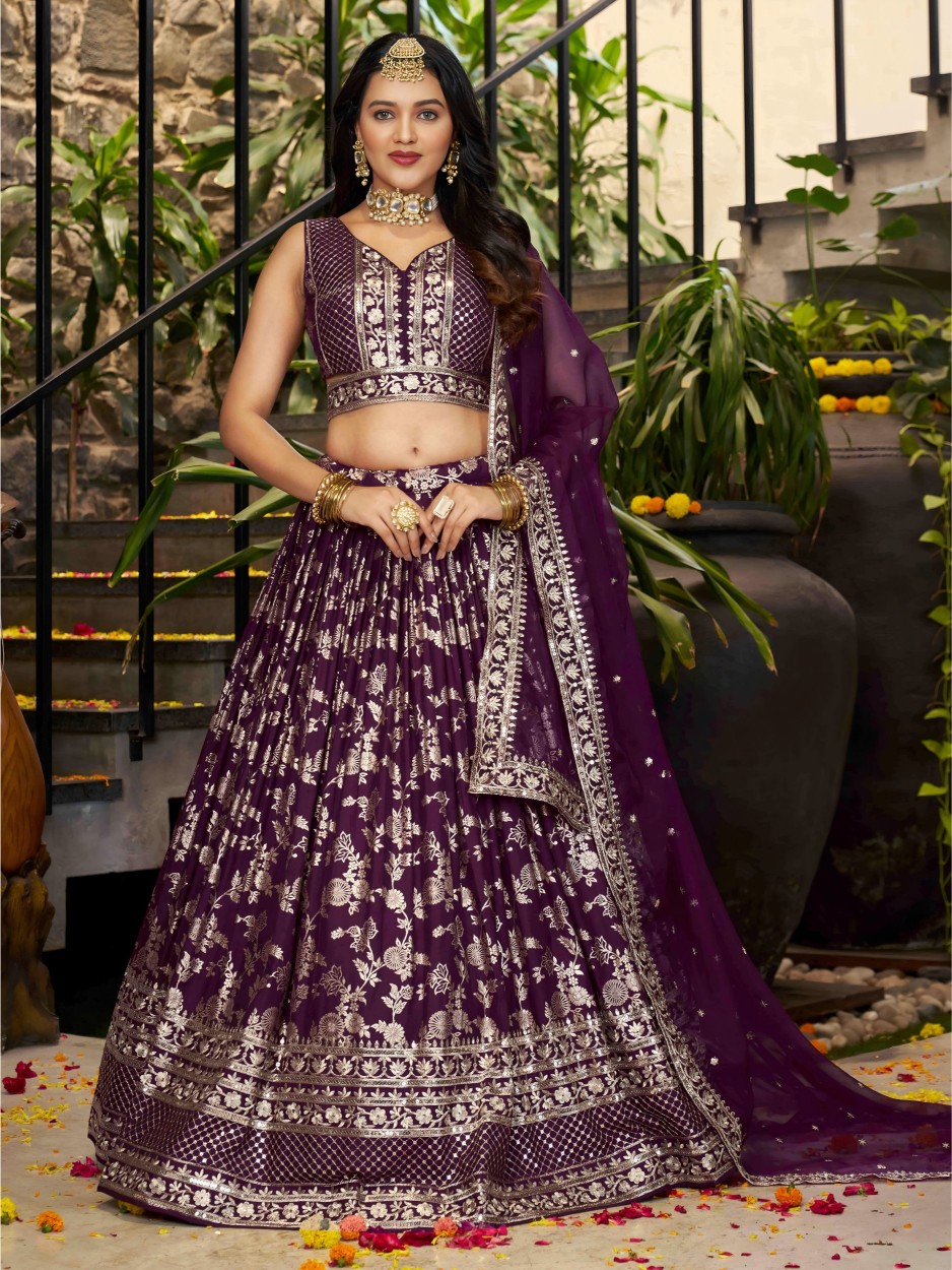 Wine Dola Silk Jacquard Bridal Lehenga