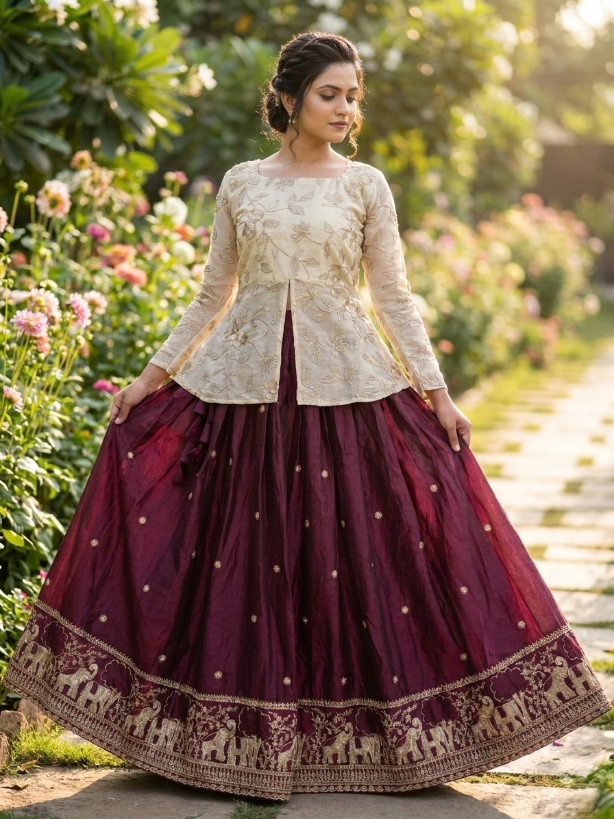 Wine Elephant Motif Zari Fendy Silk Lehenga Choli