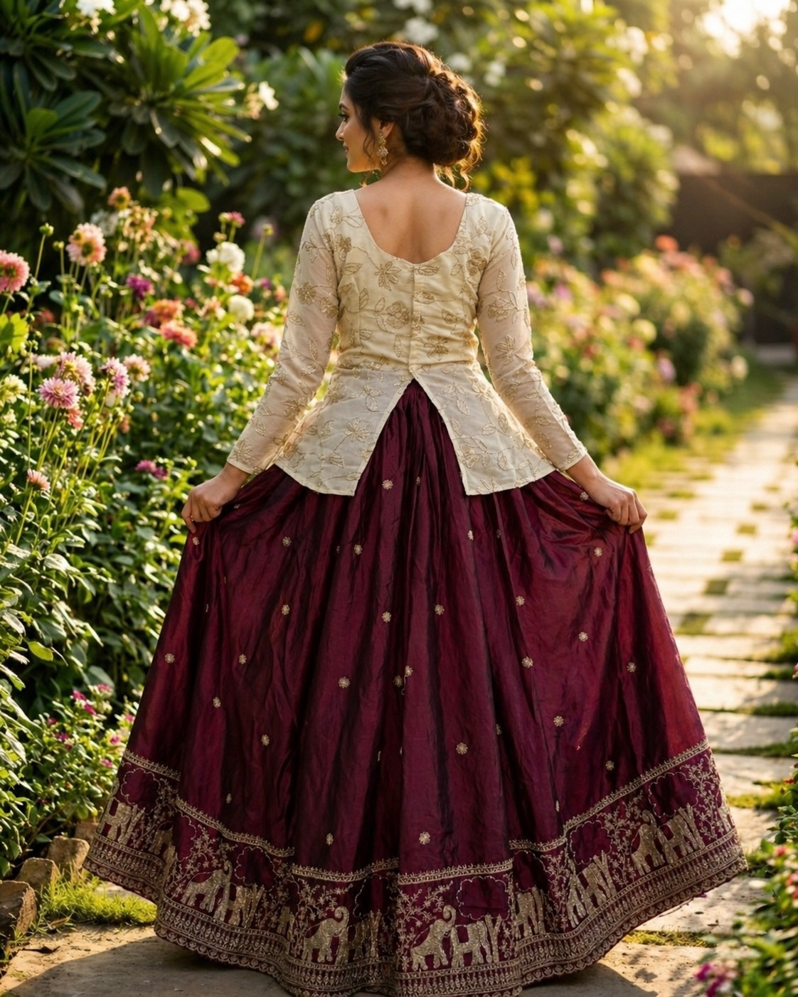 Wine Elephant Motif Zari Fendy Silk Lehenga Choli — alternate view