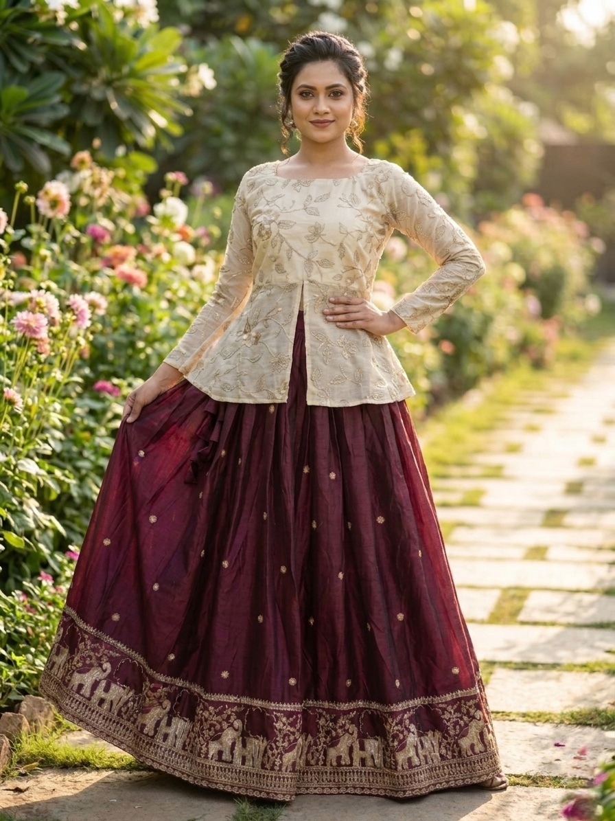 Wine Elephant Motif Zari Fendy Silk Lehenga Choli