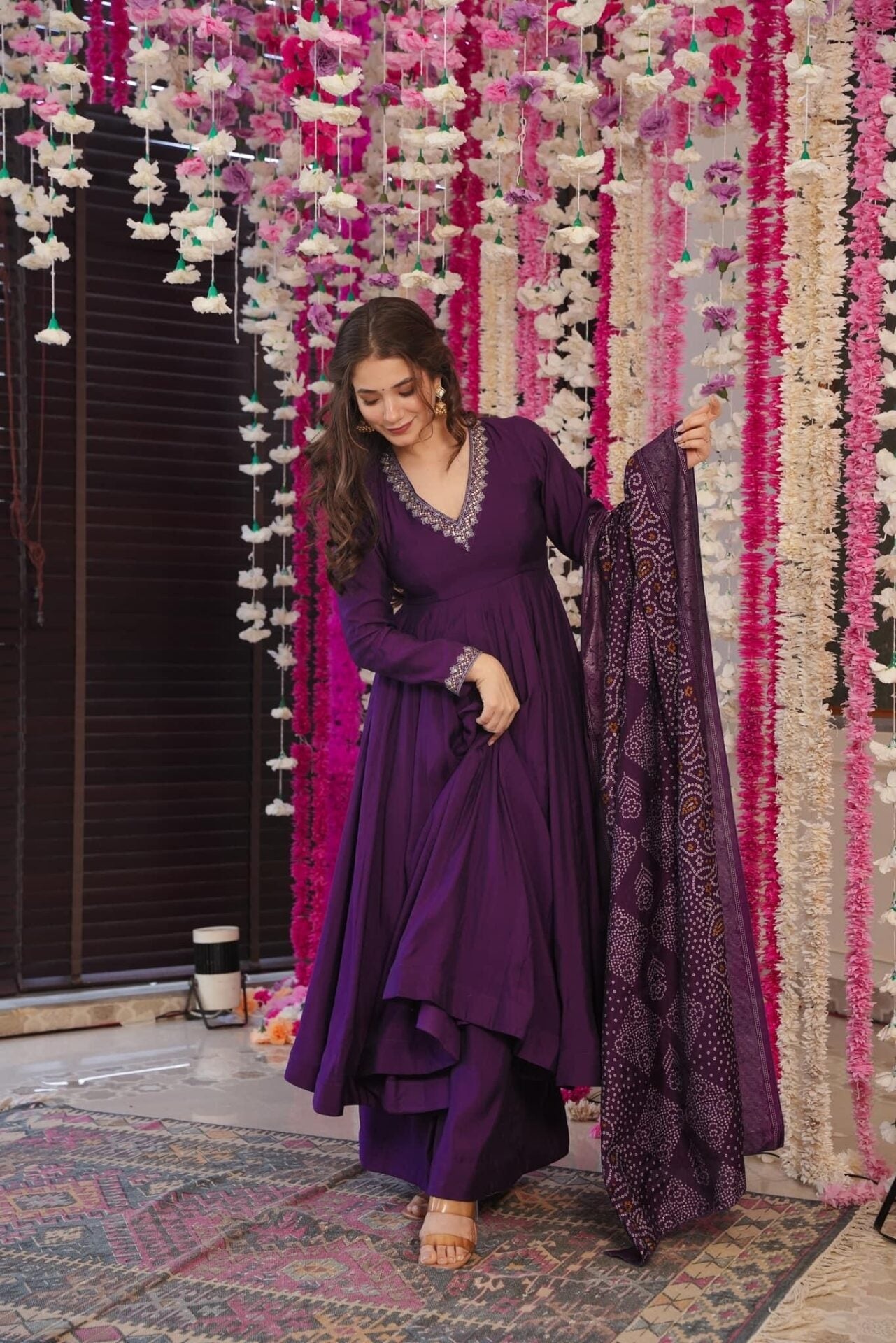 Wine Embroidered Chanderi Anarkali Suit