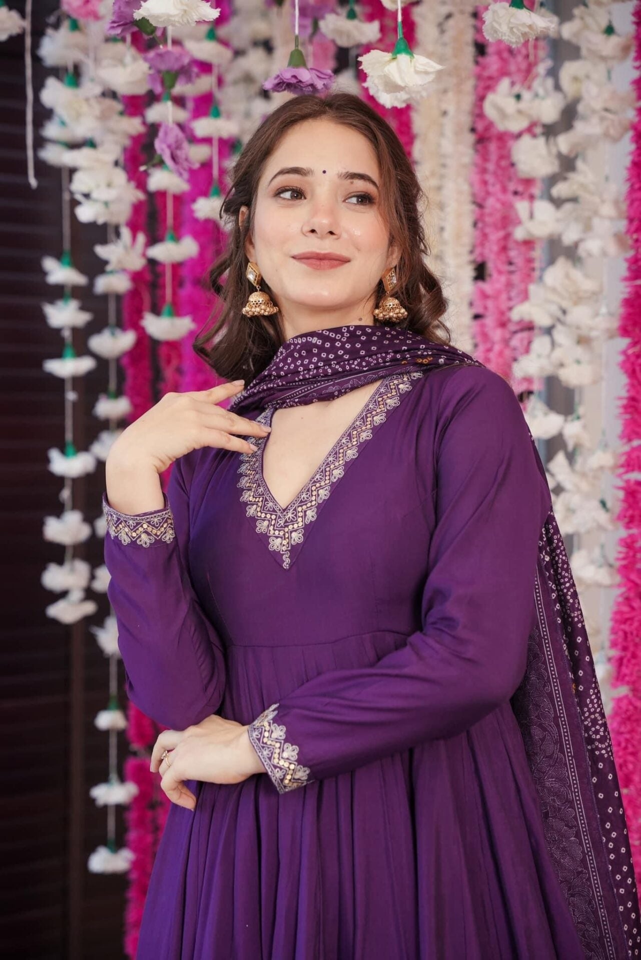 Wine Embroidered Chanderi Anarkali Suit