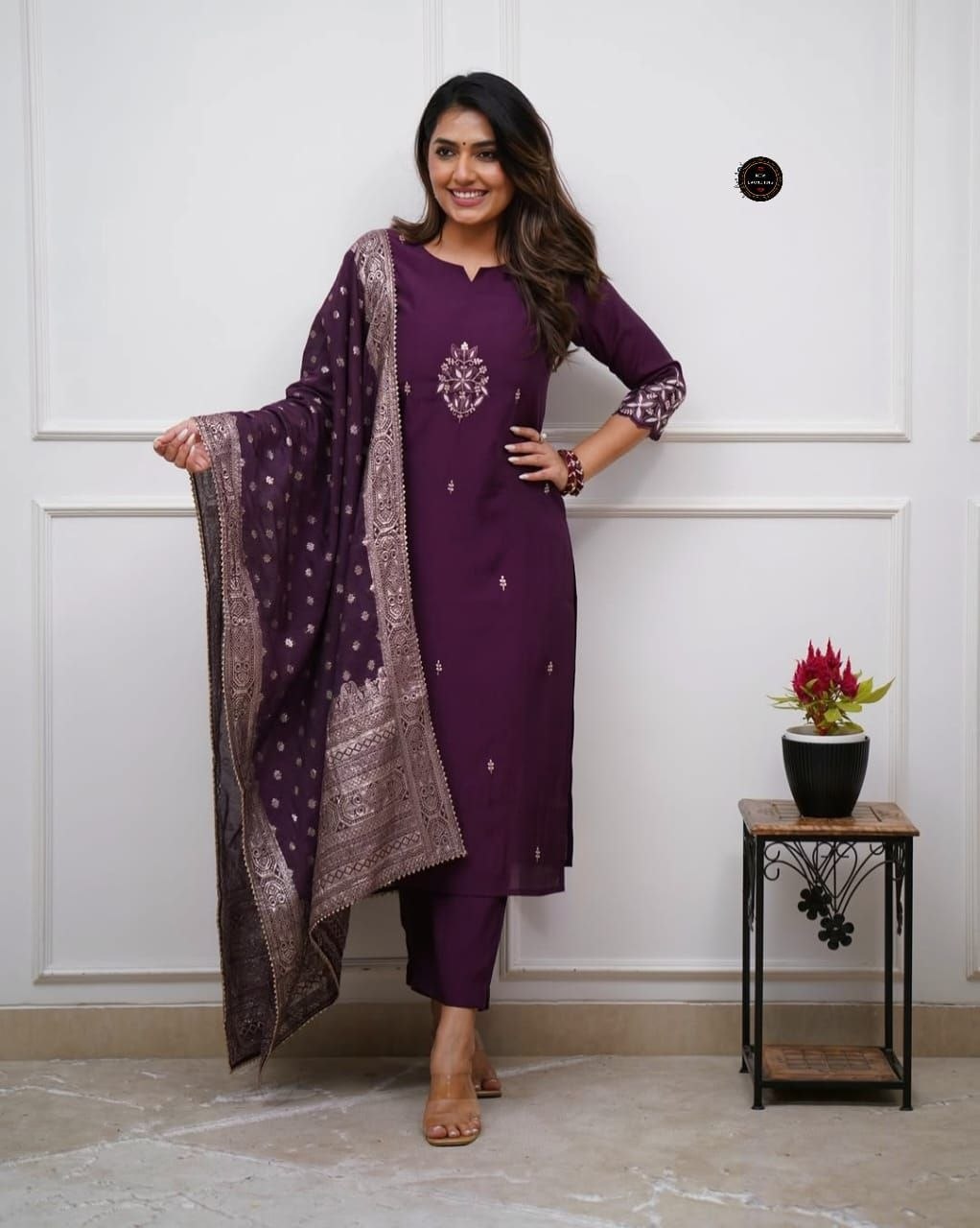 Wine Embroidered Chanderi Salwar Suit
