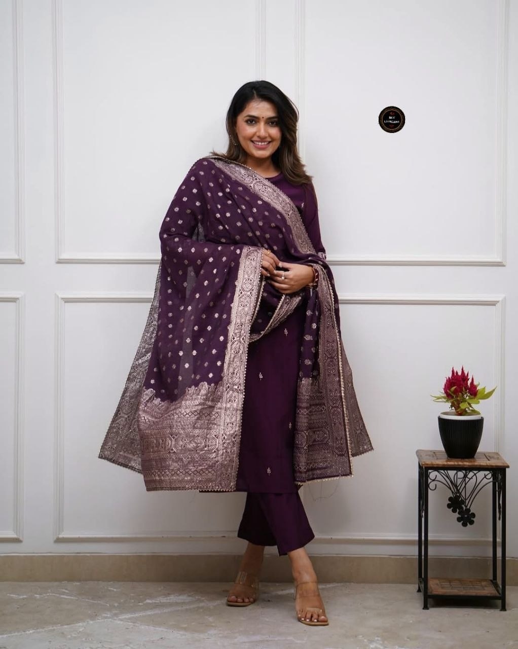 Wine Embroidered Chanderi Salwar Suit — alternate view