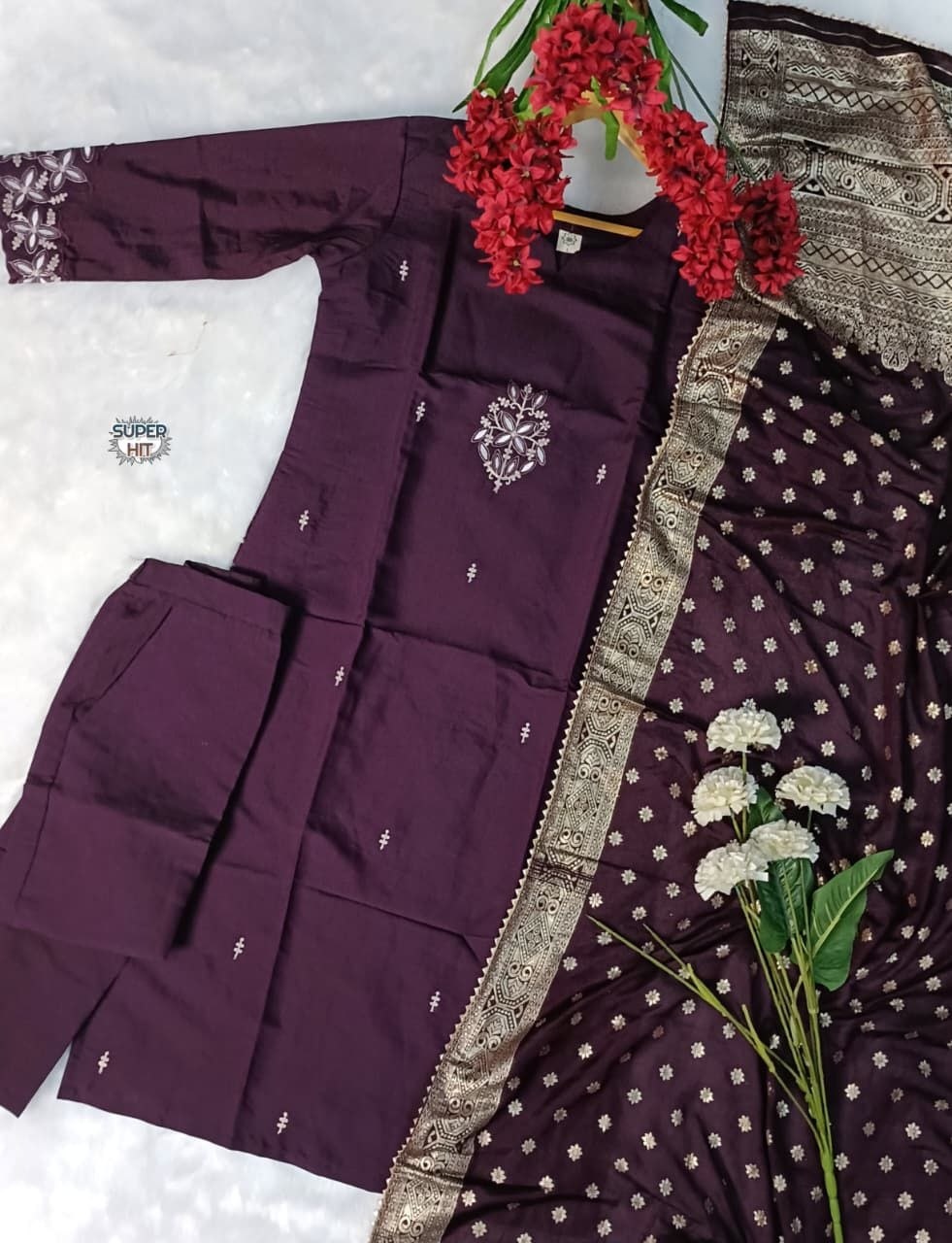 Wine Embroidered Chanderi Salwar Suit