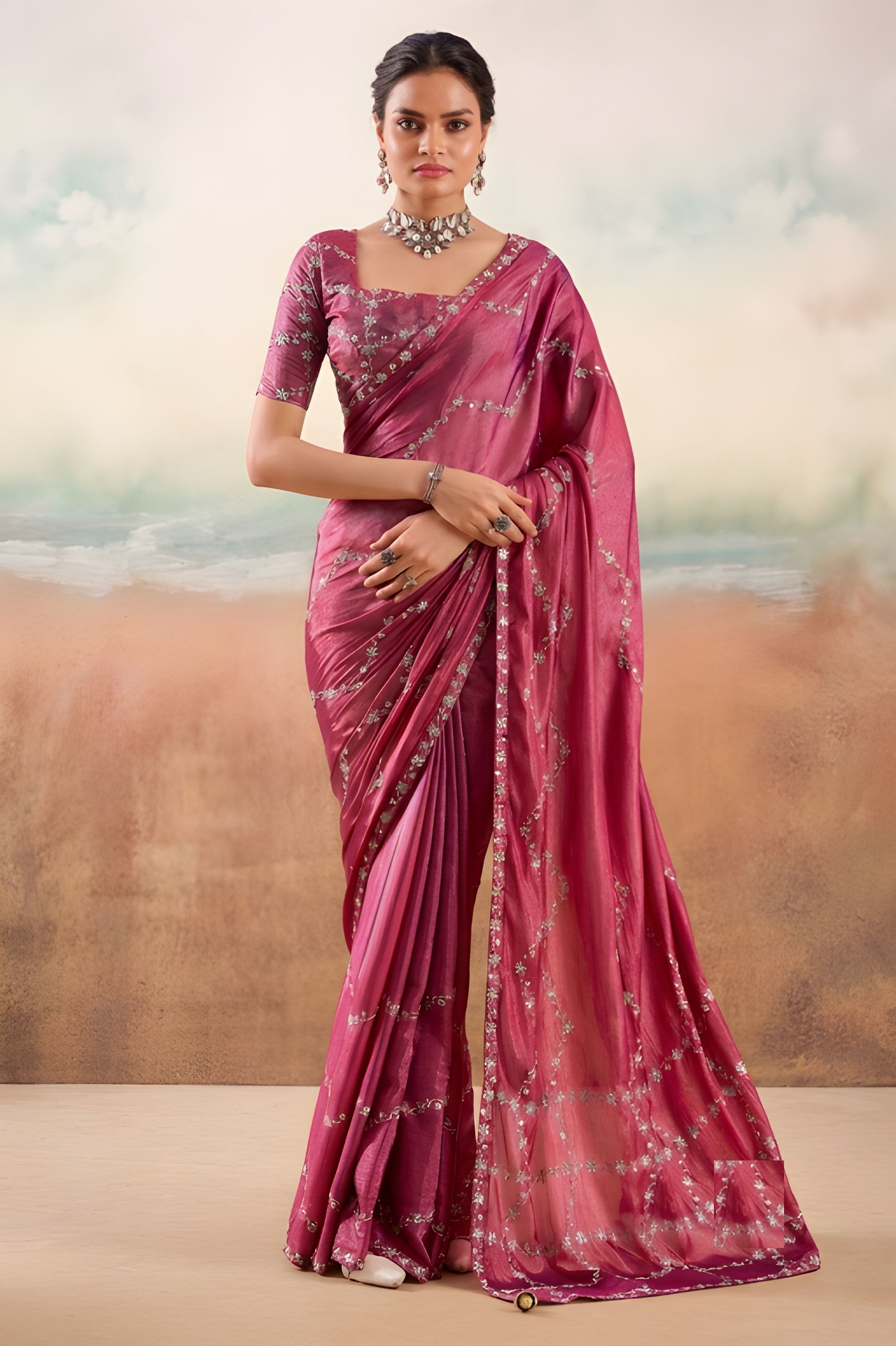 Wine Embroidered Chiffon Designer Saree