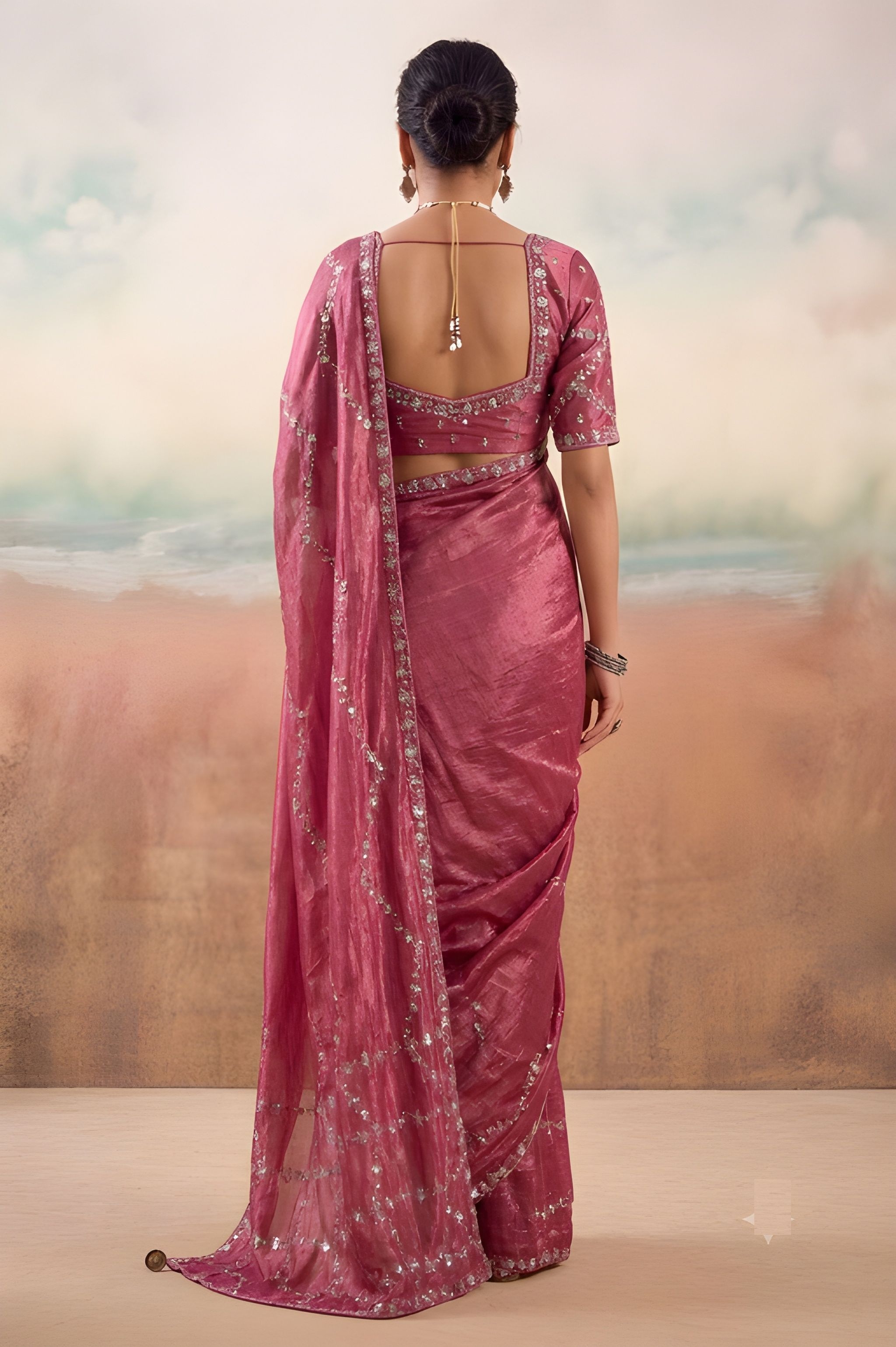 Wine Embroidered Chiffon Designer Saree — alternate view