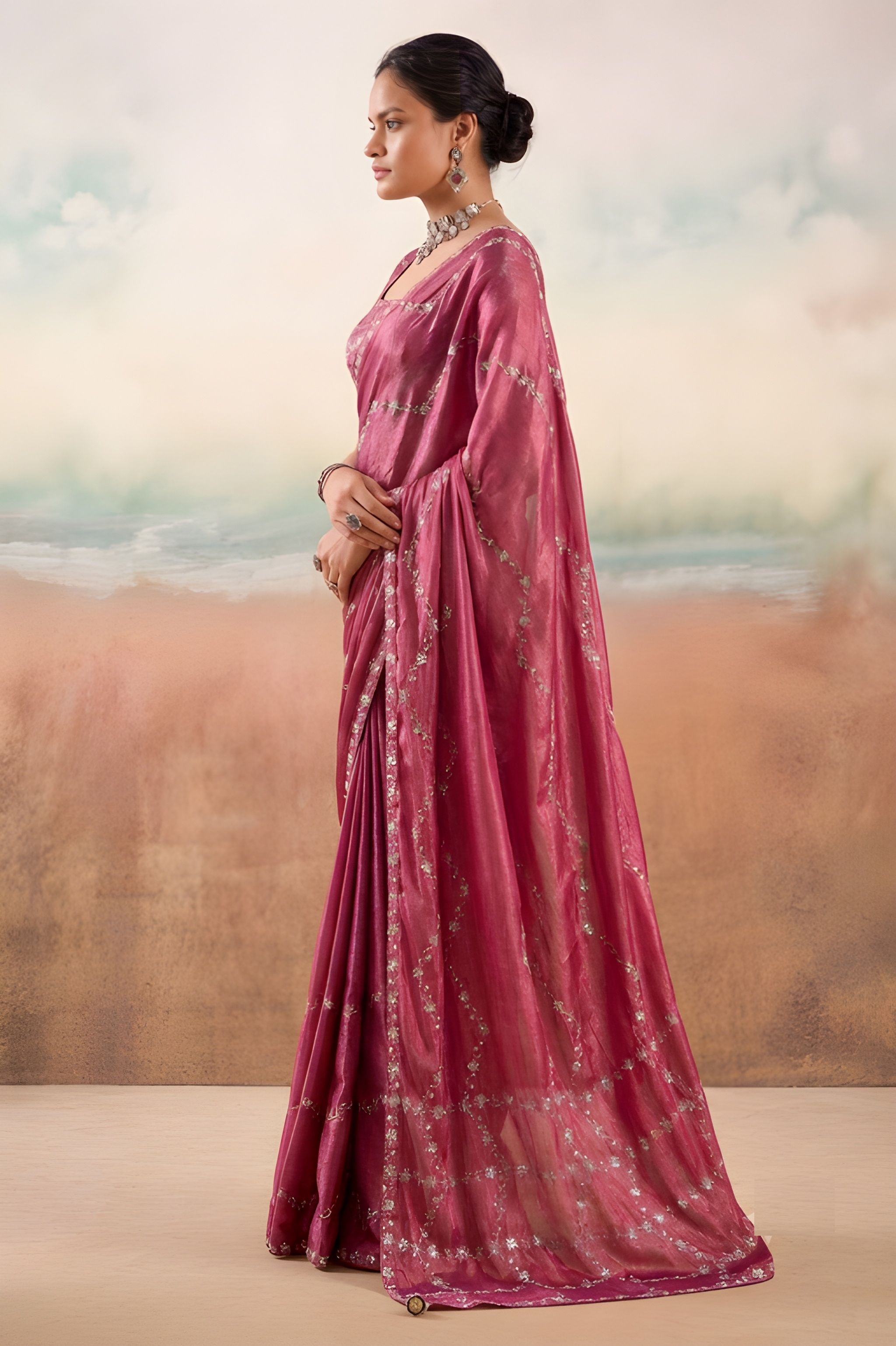Wine Embroidered Chiffon Designer Saree