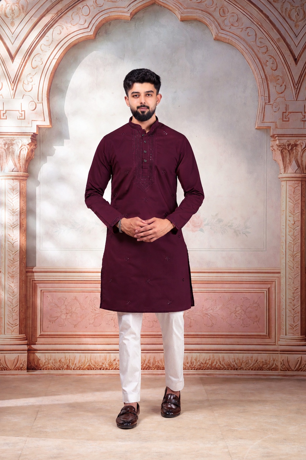 Wine Embroidered Cotton Kurta Pyjama