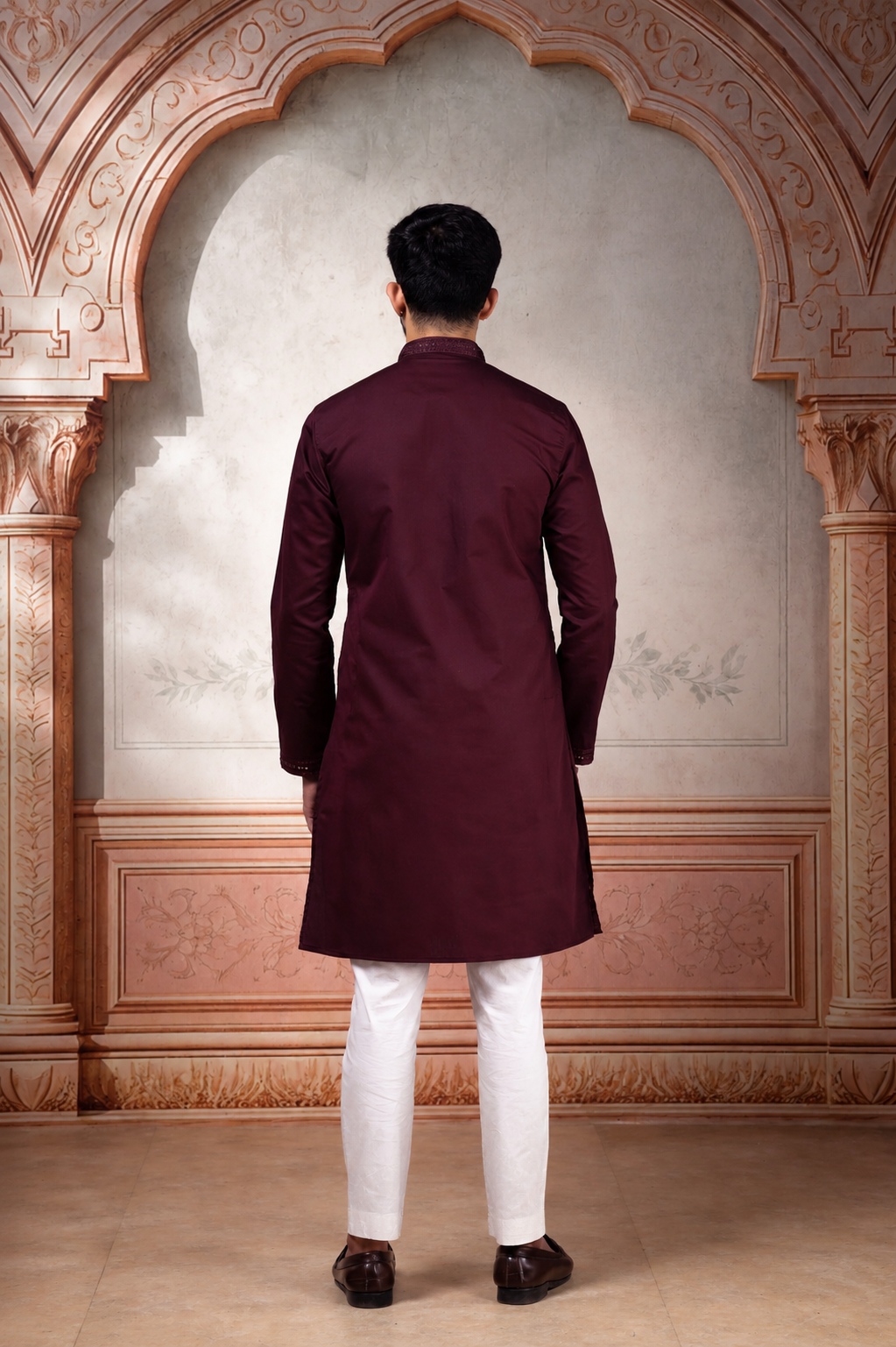 Wine Embroidered Cotton Kurta Pyjama — alternate view