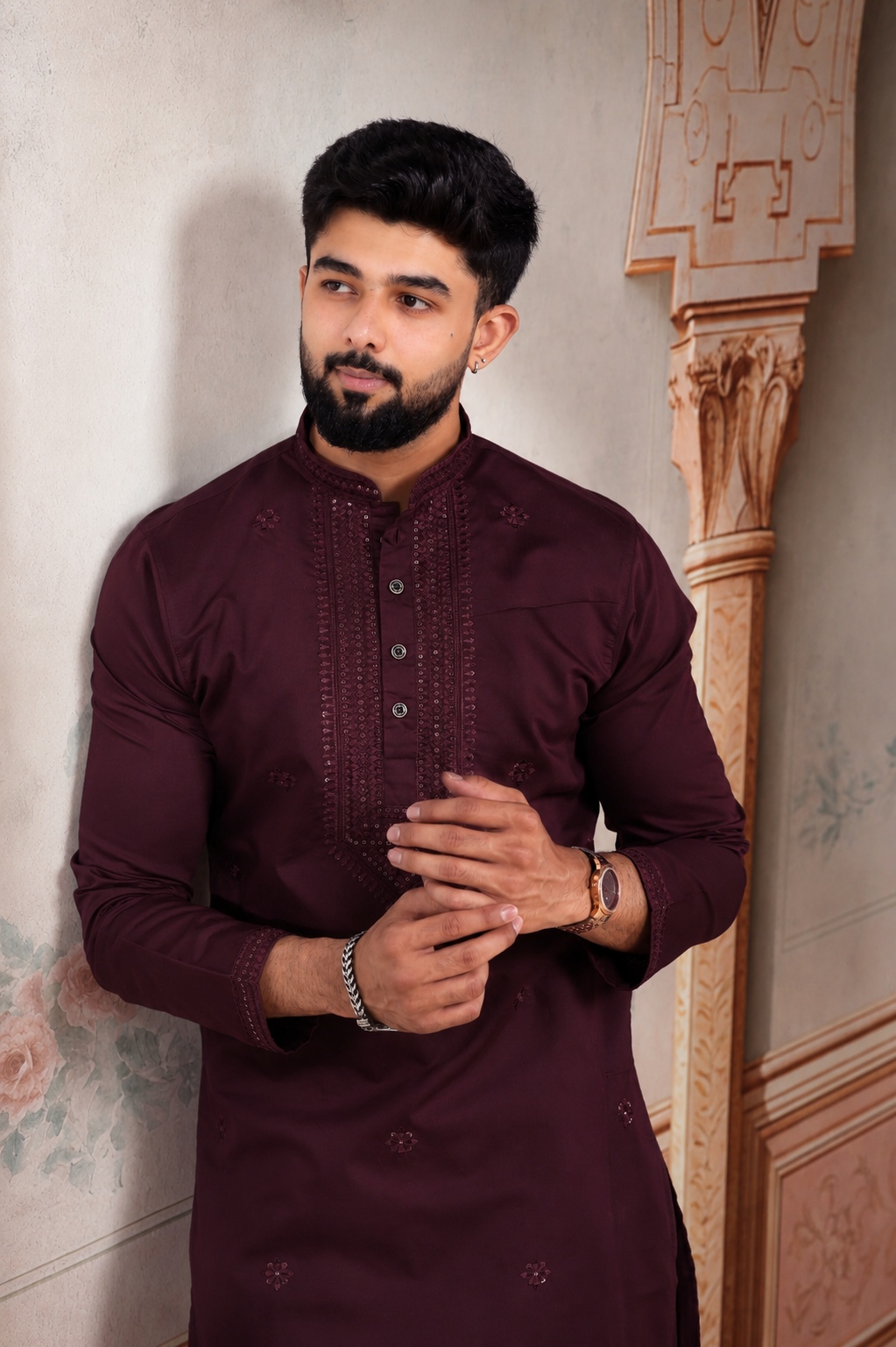 Wine Embroidered Cotton Kurta Pyjama