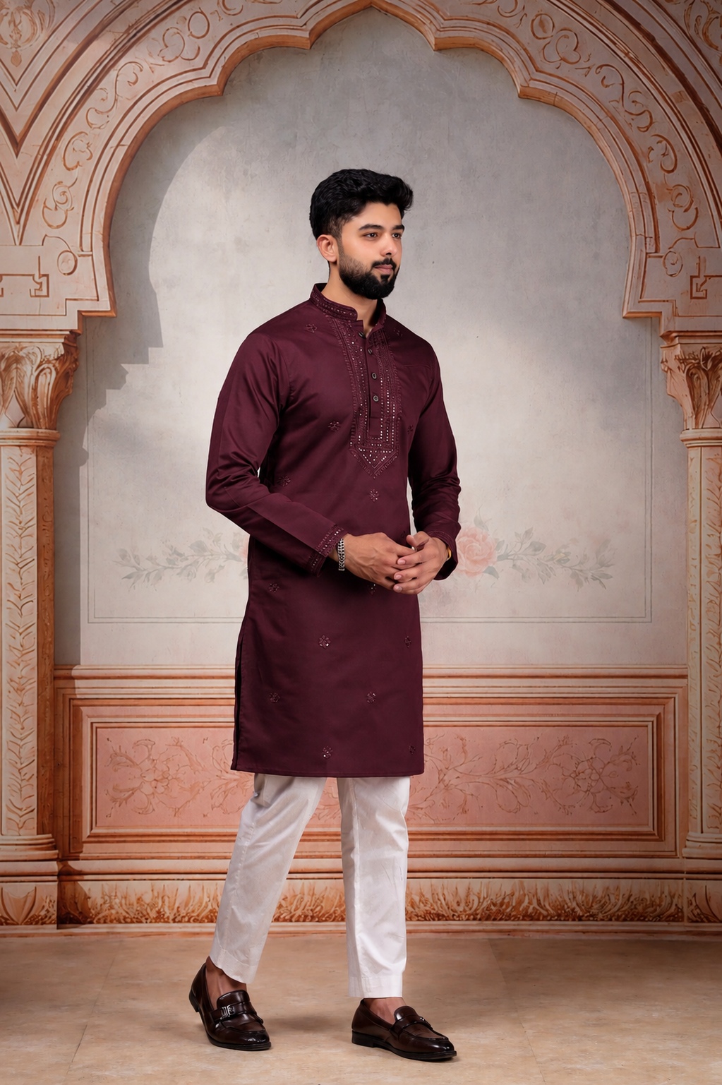 Wine Embroidered Cotton Kurta Pyjama