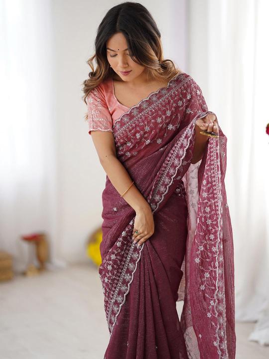 Wine Embroidered Crunchy Silk Saree