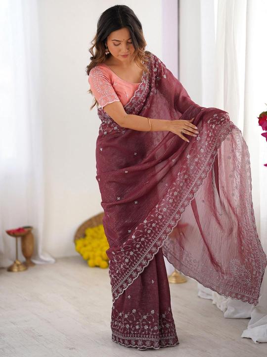 Wine Embroidered Crunchy Silk Saree