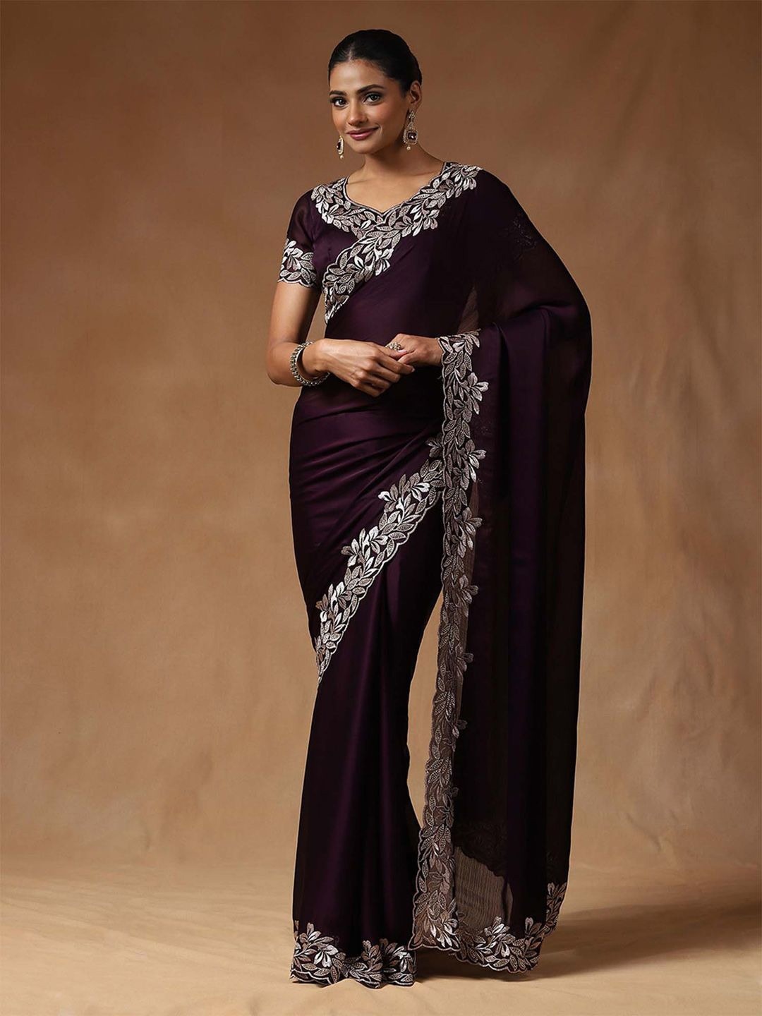 Wine Embroidered Fandy Chiffon Silk Saree