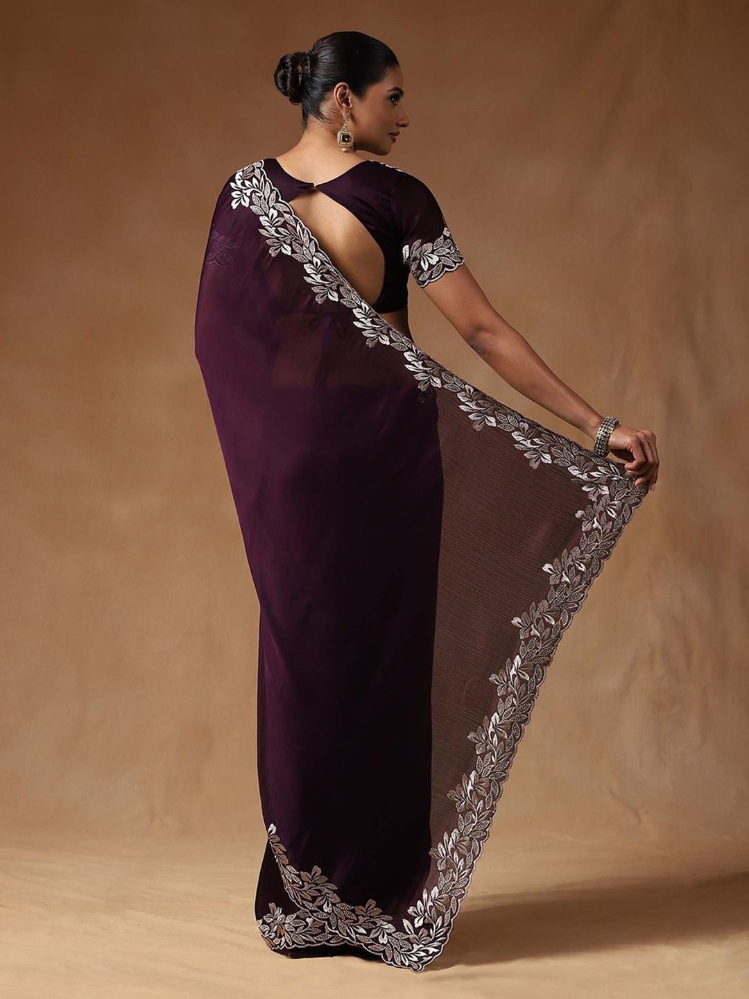 Wine Embroidered Fandy Chiffon Silk Saree — alternate view
