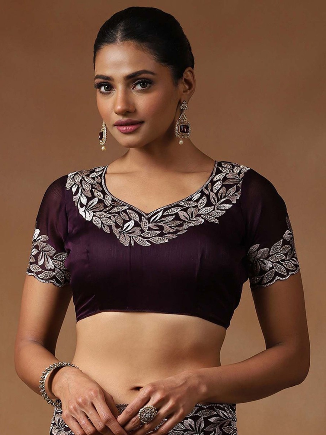 Wine Embroidered Fandy Chiffon Silk Saree