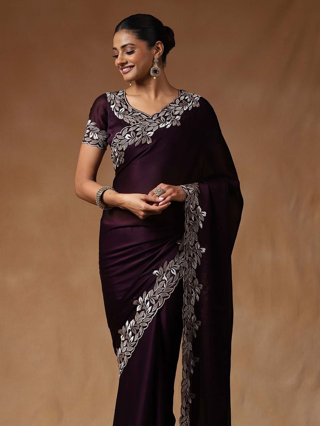 Wine Embroidered Fandy Chiffon Silk Saree