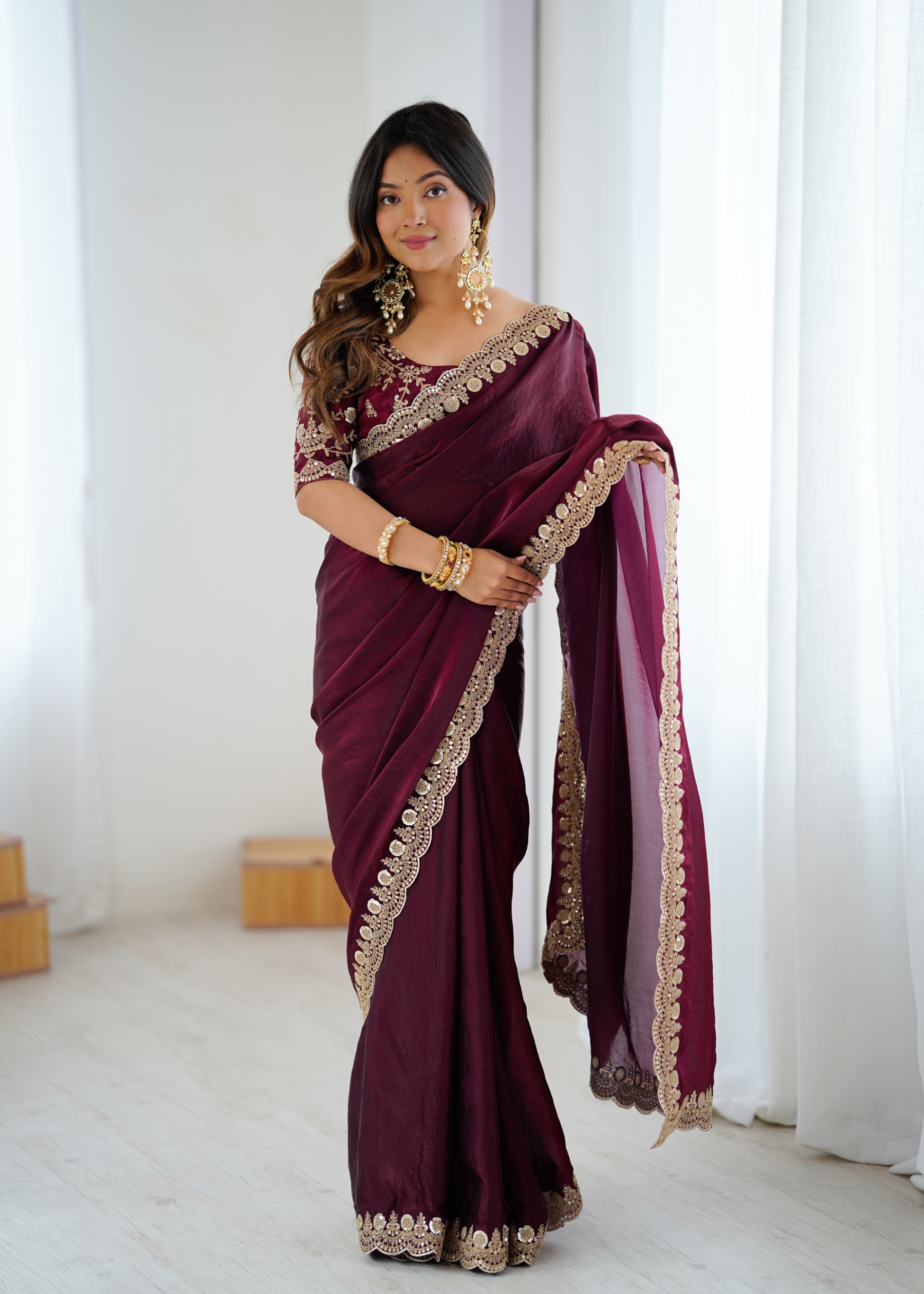Wine Embroidered Fendy Satin Saree