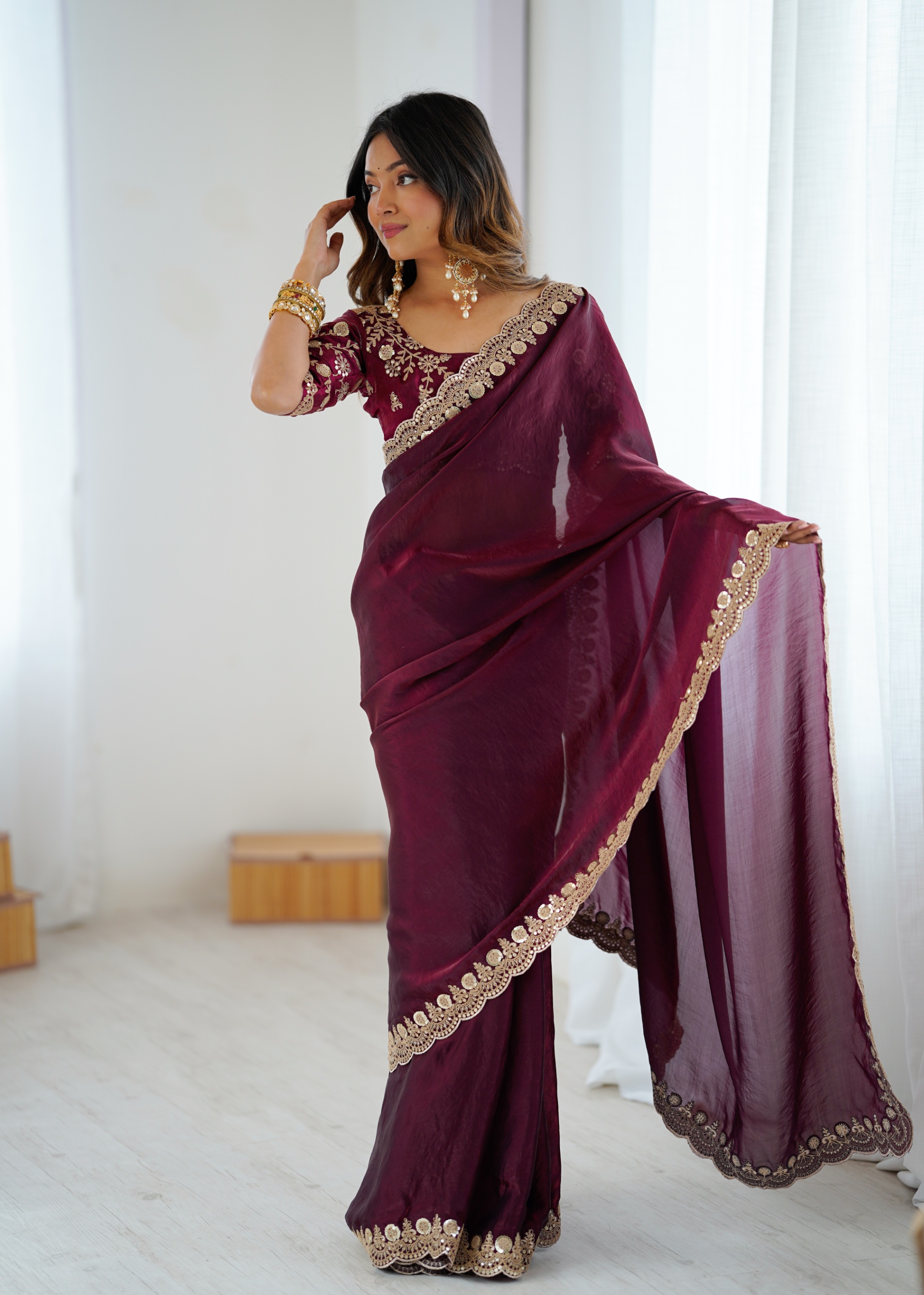 Wine Embroidered Fendy Satin Saree — alternate view