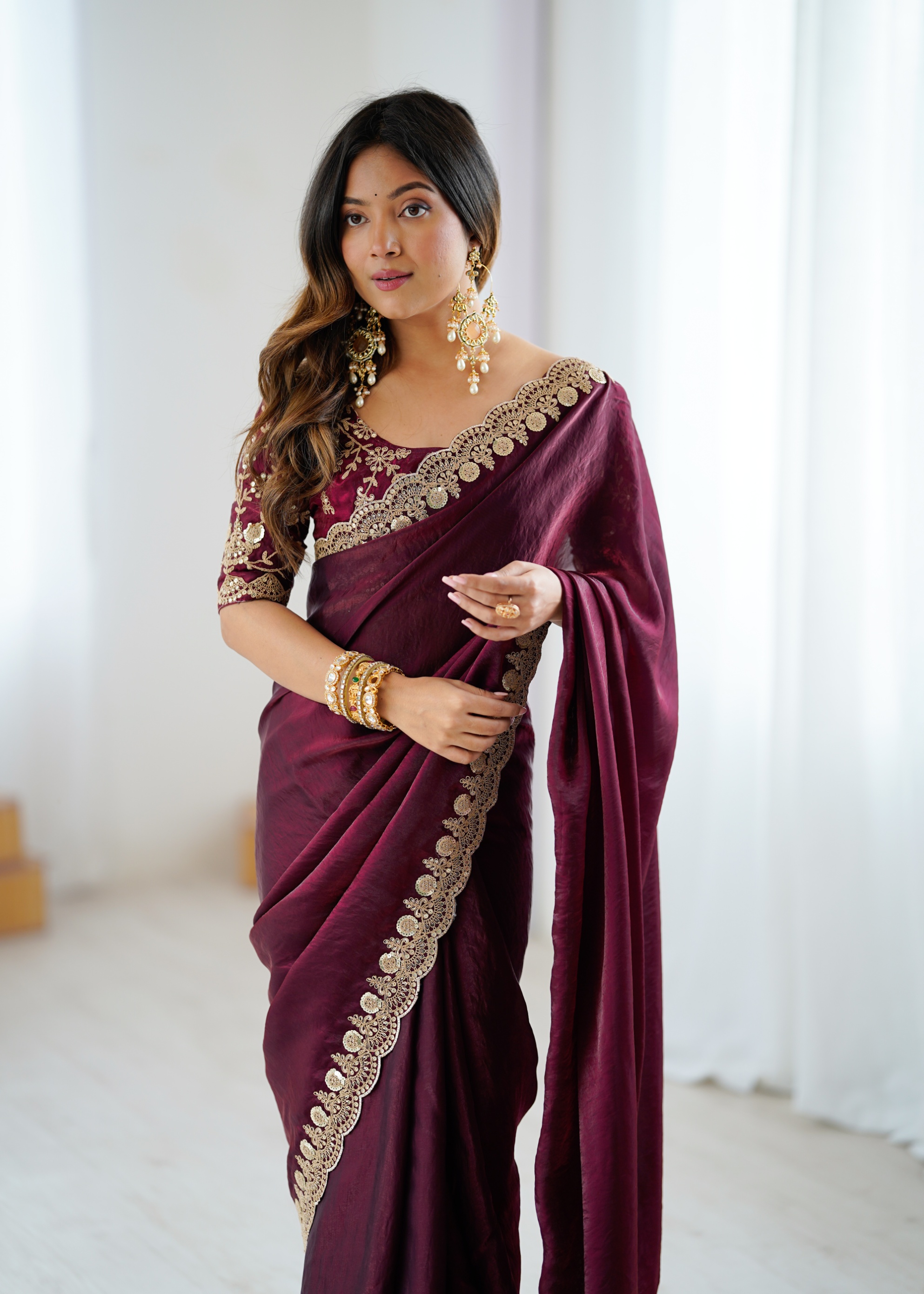 Wine Embroidered Fendy Satin Saree