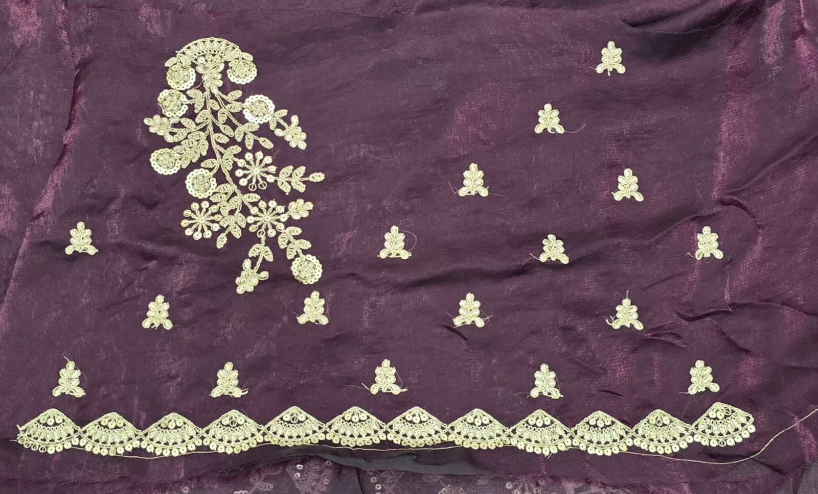 Wine Embroidered Fendy Satin Saree