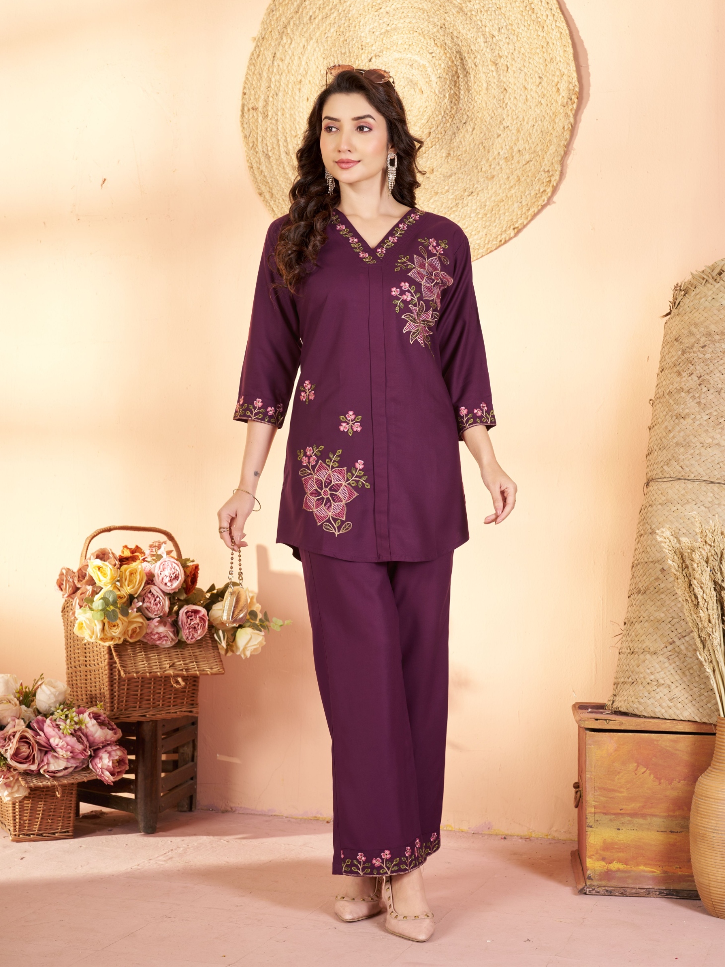 Wine Embroidered Rayon Co-Ord Set