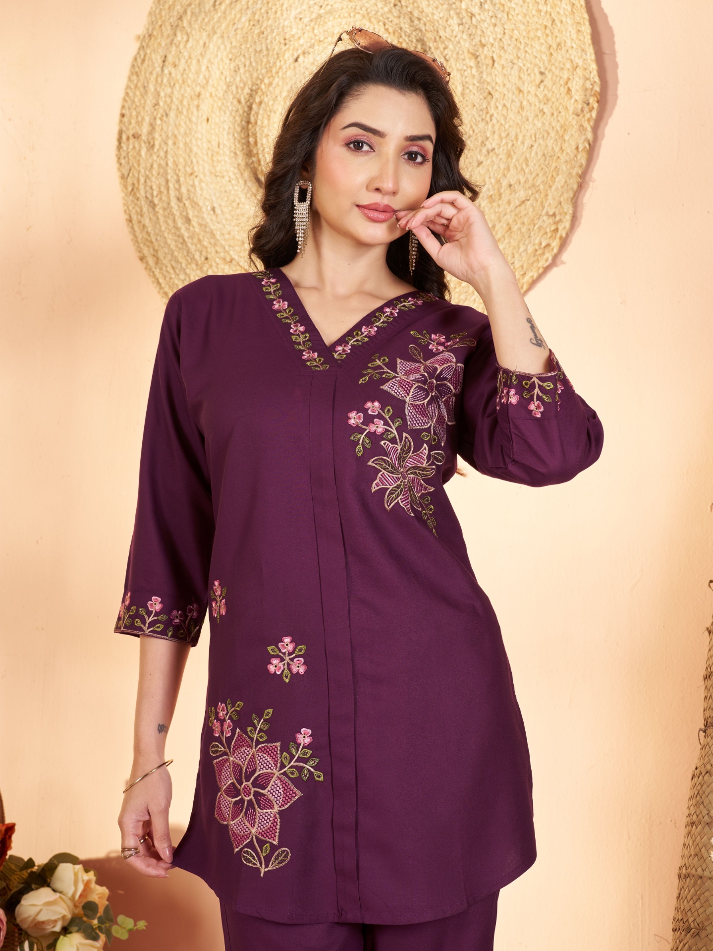 Wine Embroidered Rayon Co-Ord Set
