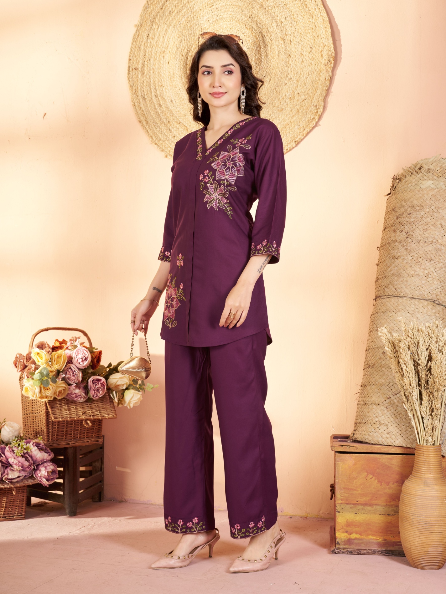 Wine Embroidered Rayon Co-Ord Set